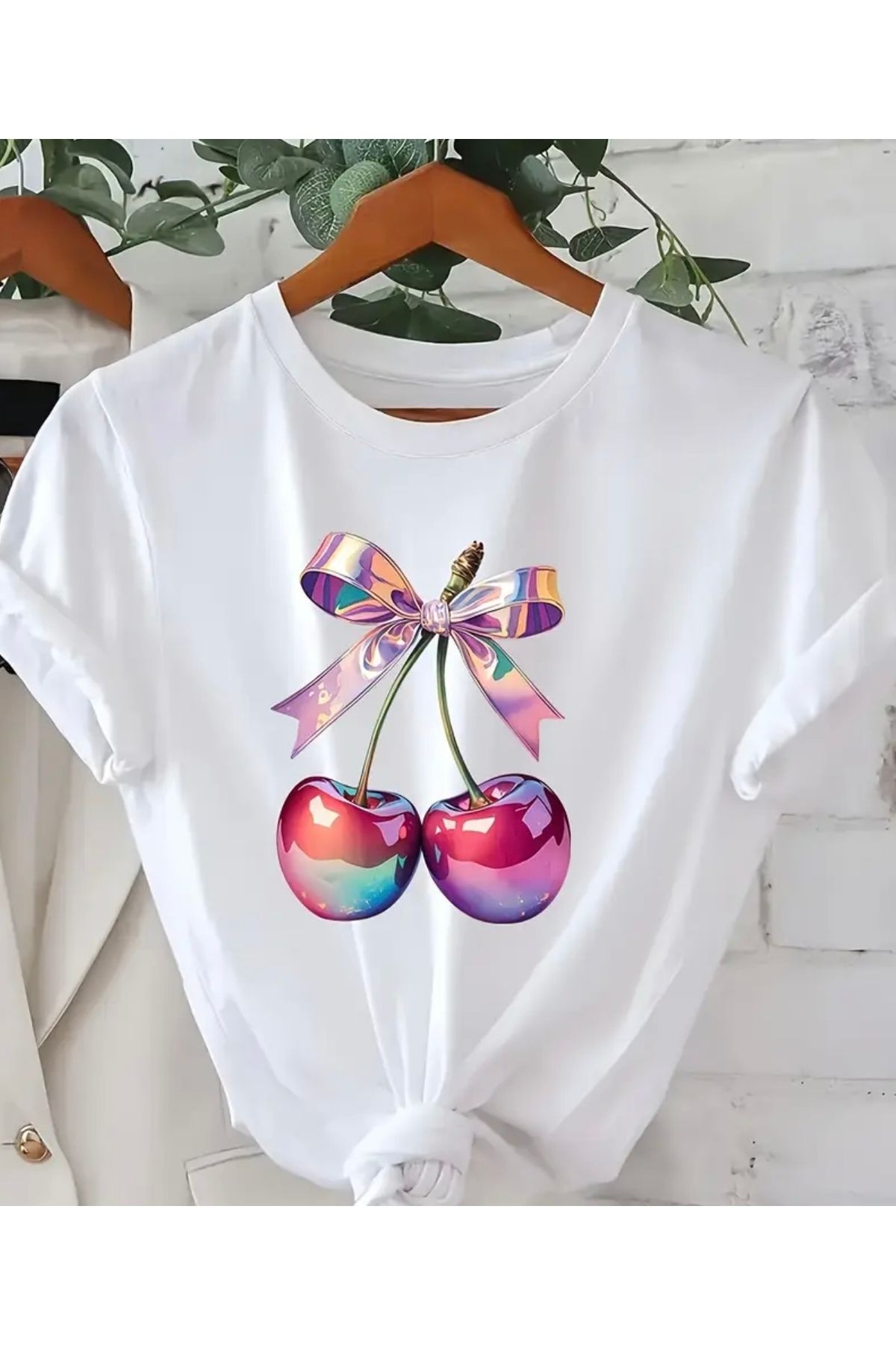 ABAS Kiraz desenli 3D pamuklu kumaş t-shirt
