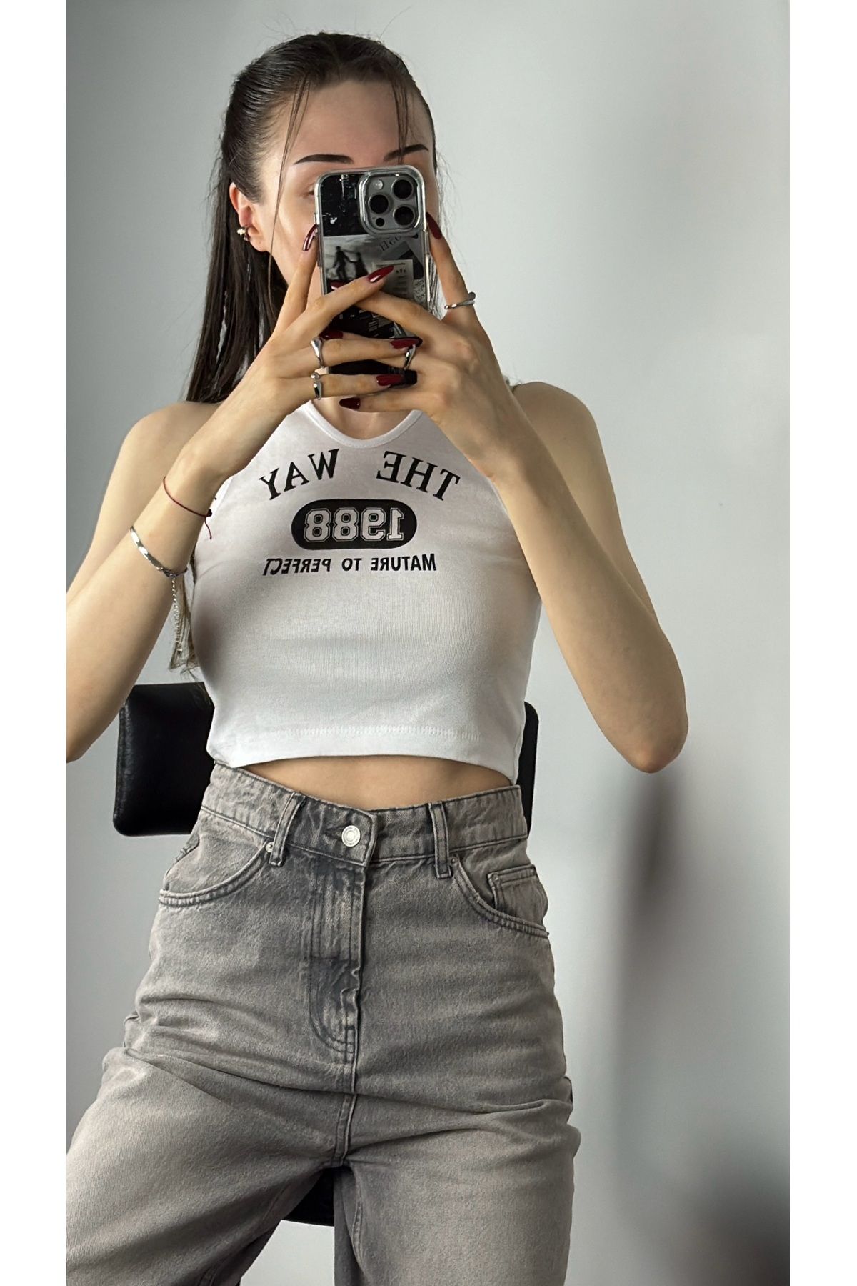 hece butik Beyaz vintage crop tshirt