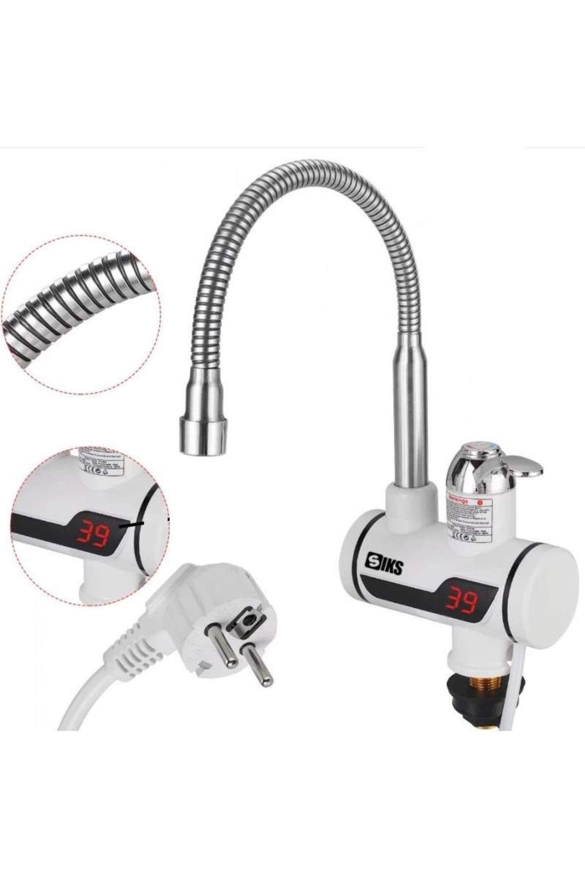 BEŞİKSAN Robinet Electric Instant Pentru Apă Caldă Siks, Afișaj Digital, Țeavă Flexibilă, Putere 3000w, Alb - One Size