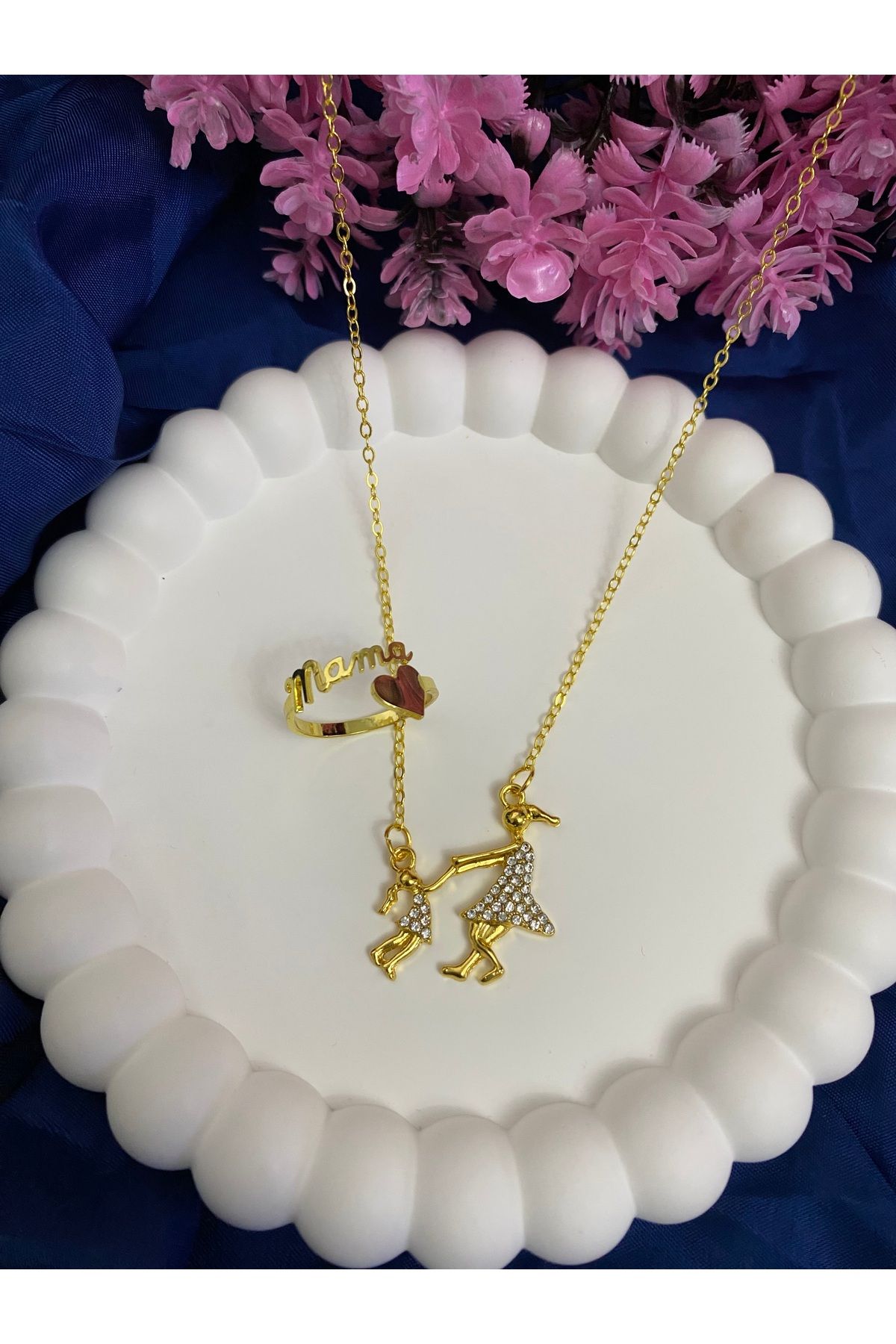 asem jewelry ANNE ÇOCUK FİGÜRLÜ ZİRKON TAŞLI KOLYE VE YÜZÜK KOMBİN