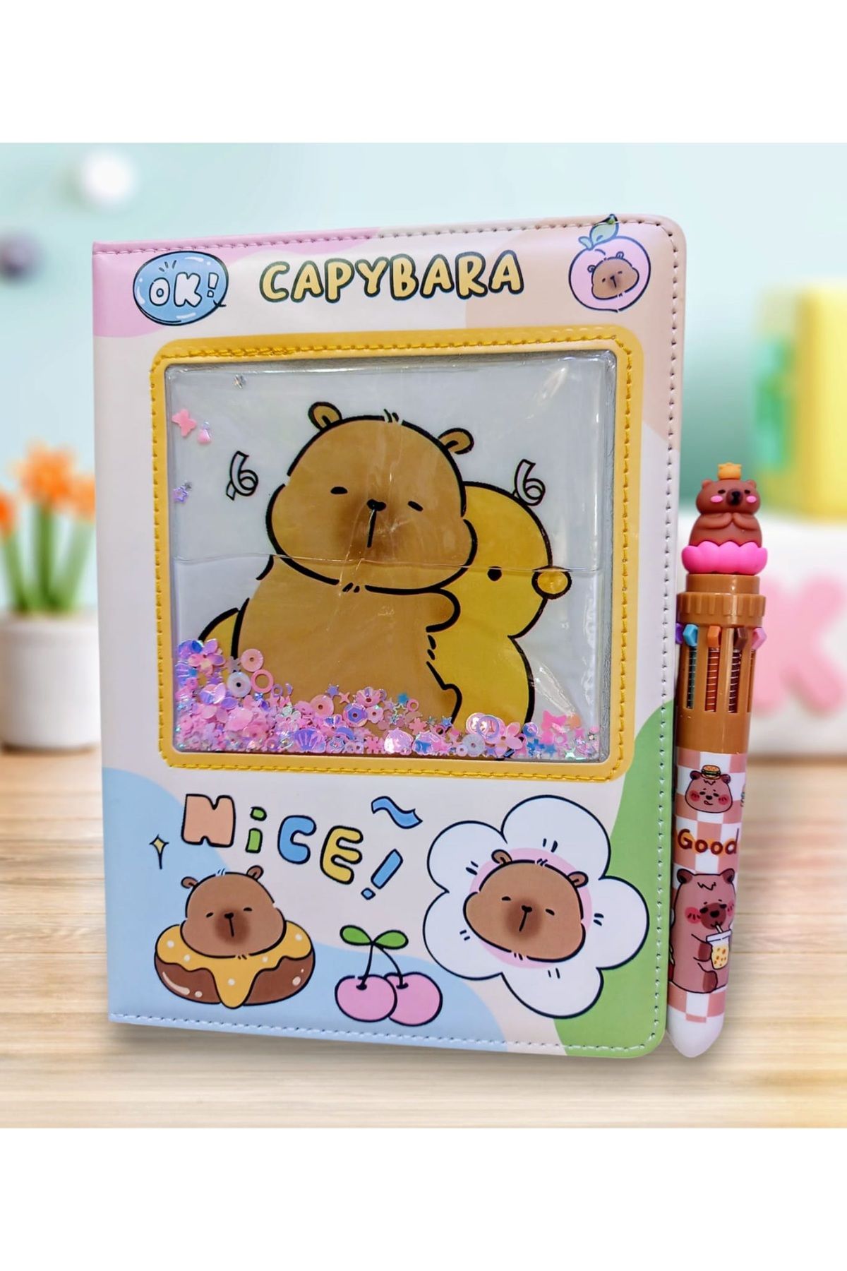izmir yazici servis Capybara Hatıra Defteri Simli Sulu Pullu Defter 6 Renk Yazabilen Kalem Hediyeli Set Karne