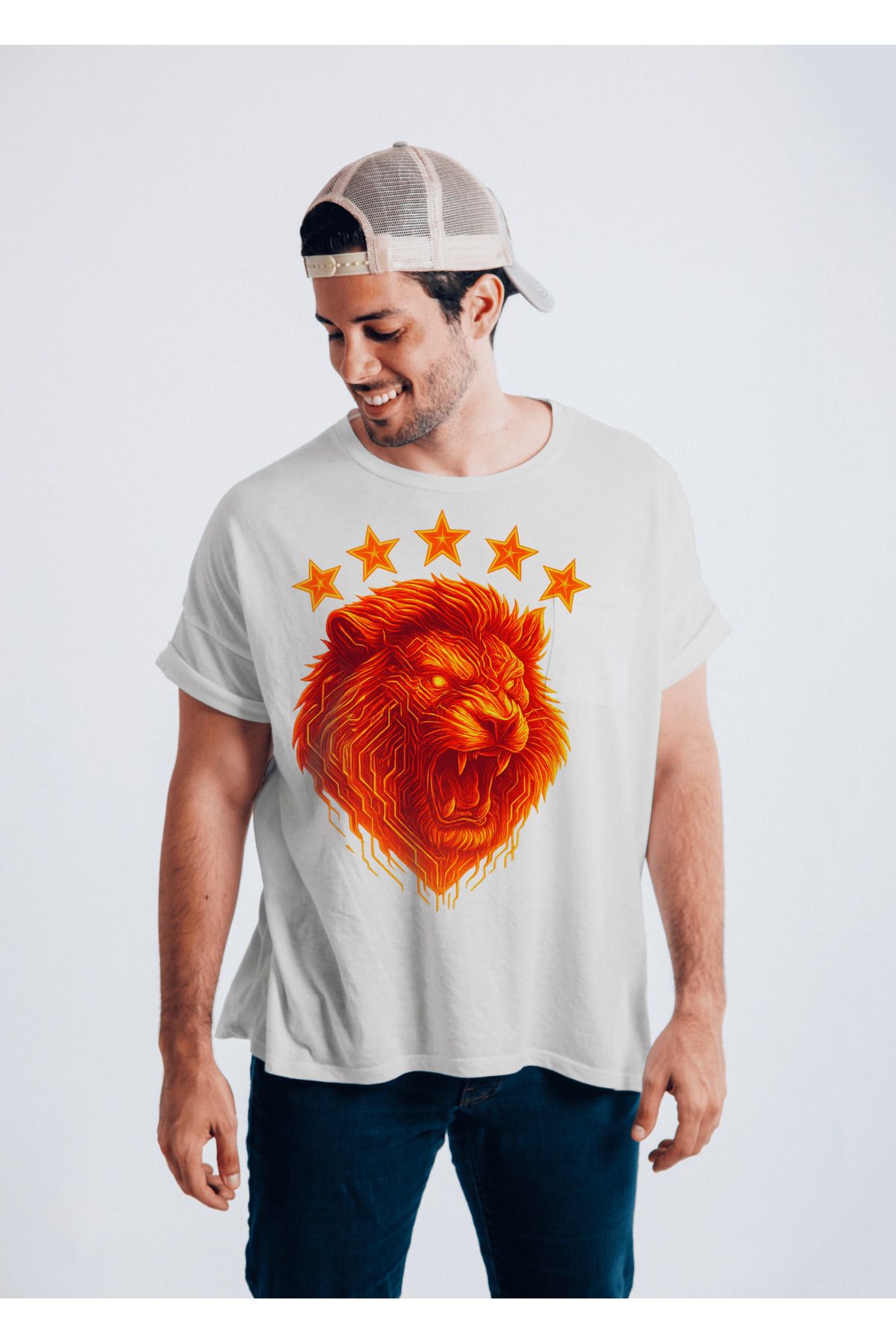 BBbutik Gal.at.a.sar.ay 5 Yıldız ve Aslan Detaylı Baskılı Oversize Tshirt