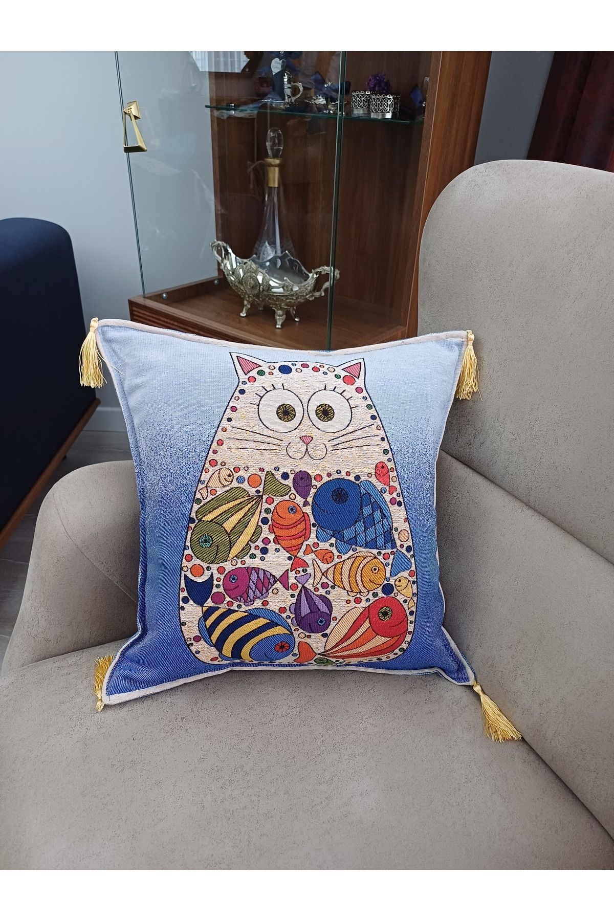 Cappadocia Family Store Özel Dokuma Kedi Motifli Goblen Kumaş Mavi/Kahve Kırlent Yastık Kılıfı(Baskı veya Boya değildir)