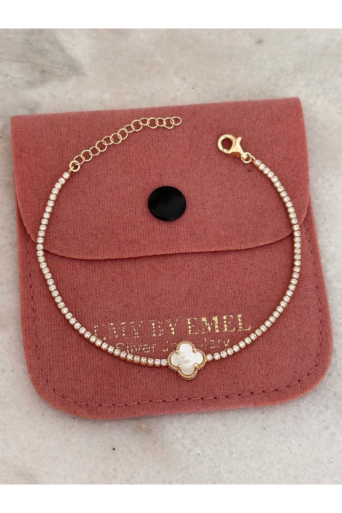 emy by emel luxury silver jewelry Altın Kaplama Taşlı Yoncalı Su Yolu Bileklik 925 Ayar Gümüş