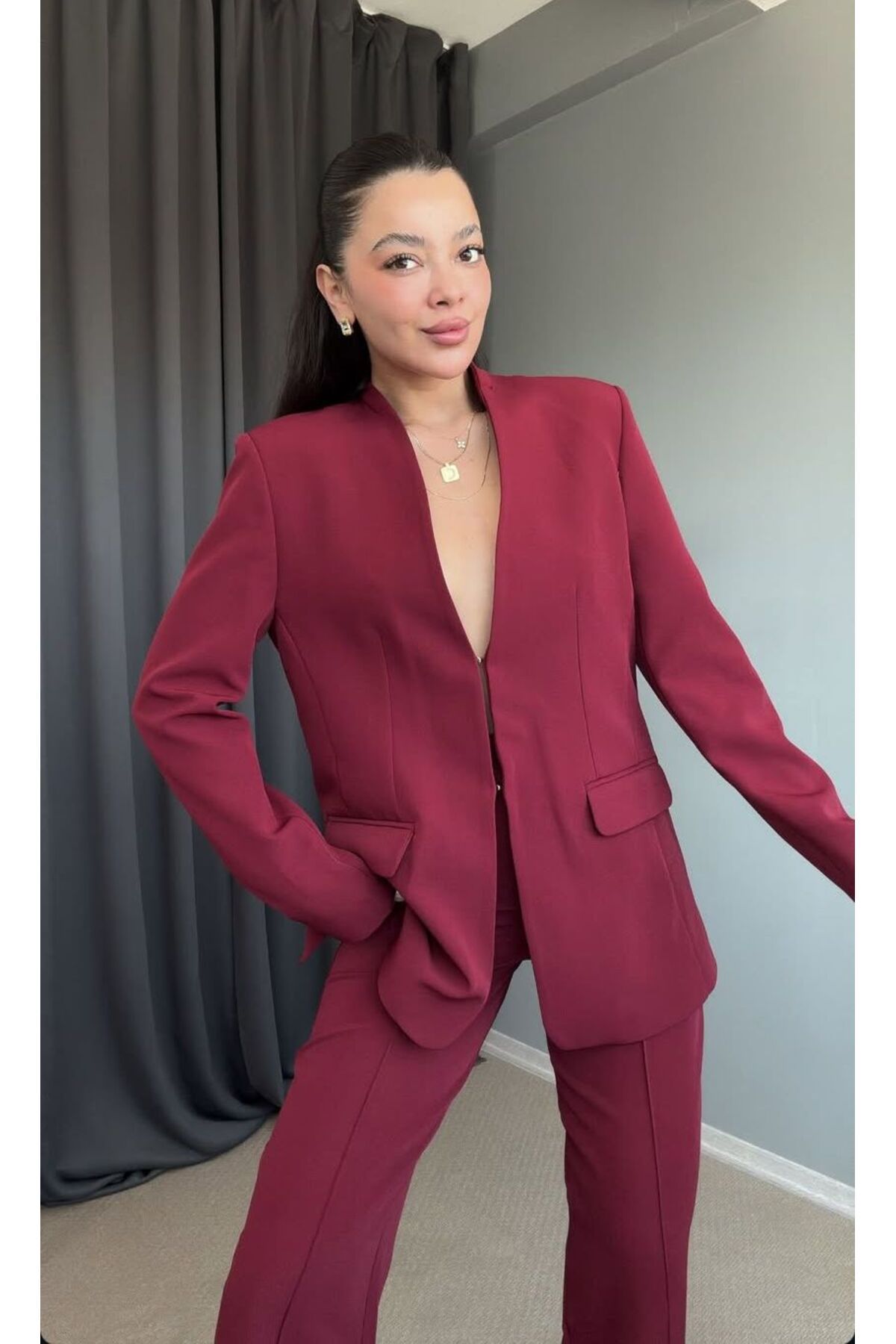MODAGK Kadın Ikili Tasarım Blazer Ceket Pantolon Takım
