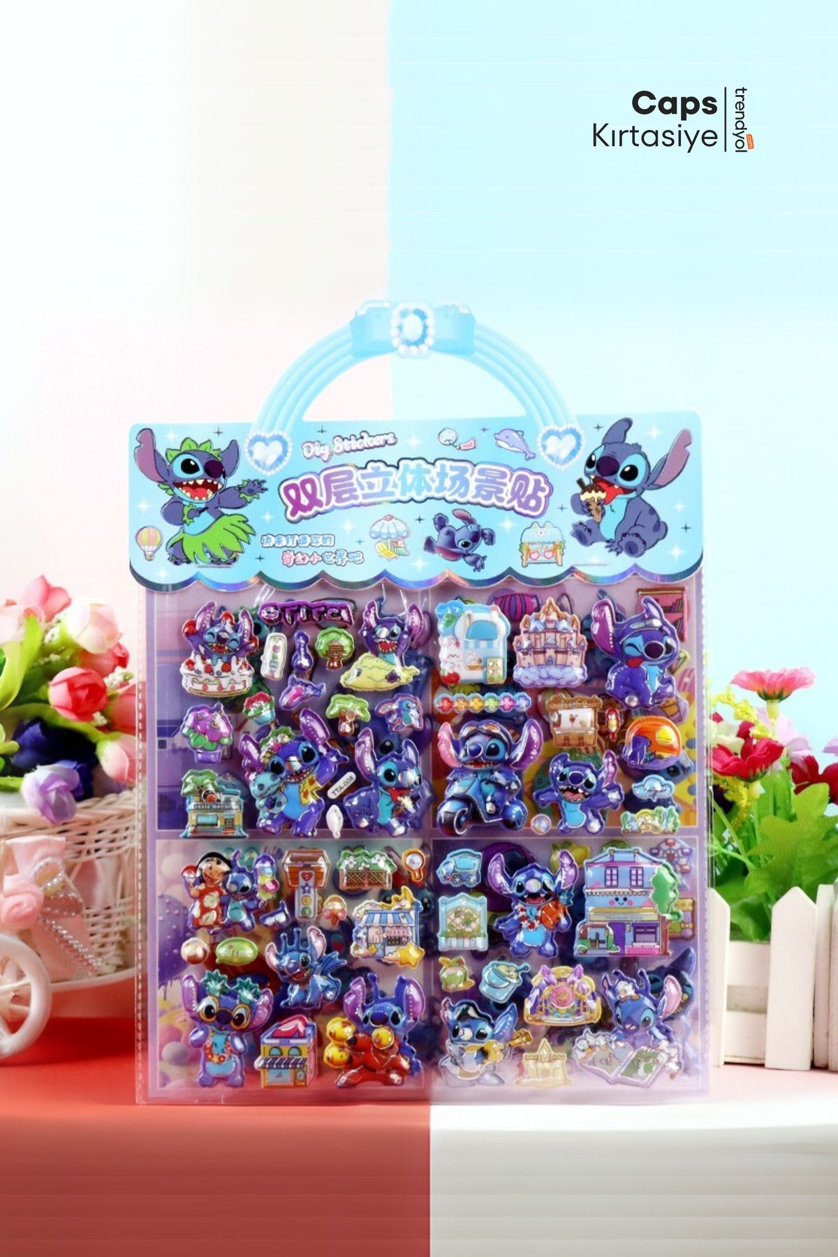 caps office Kabartmalı 3D Puf Sticker Seti – 102 Adet Lilo & Stitch Temalı Çıkartma | Çanta Şeklinde Tasarım