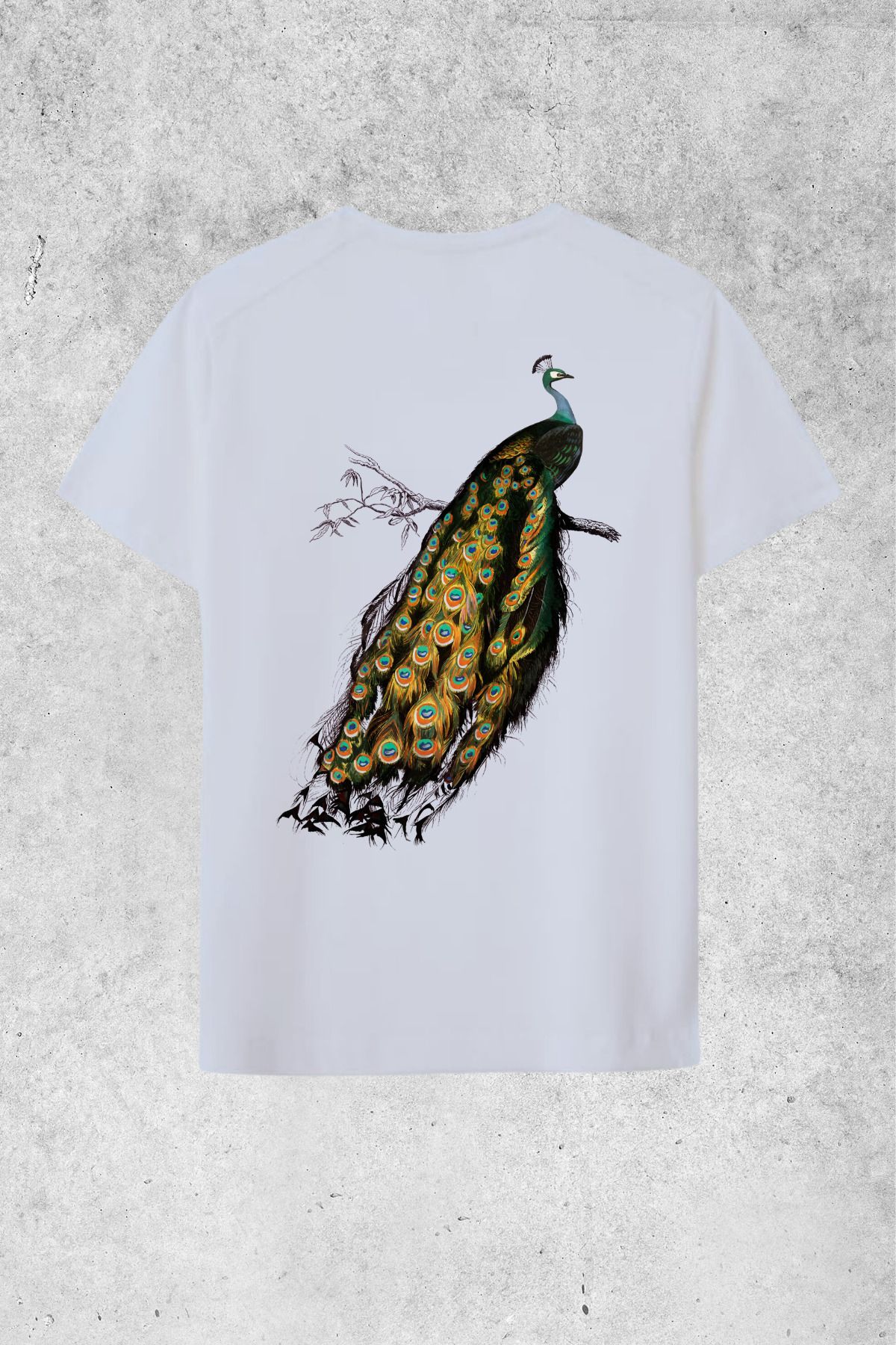 MOLICO basic unisex sıfır yaka kısa kollu TAVUSKUŞU DESENLİ SIRTI BASKILI OVERSİZE Tshirt