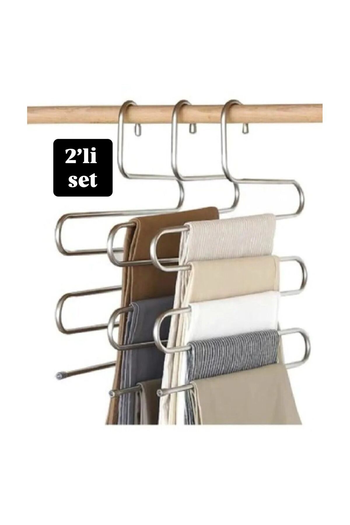 Gardino Dekoratif (2 Lİ SET) Metal Elbise Askısı & Dolap Içi Krom Pantolon Askısı Çoklu Askılık 5 Katlı