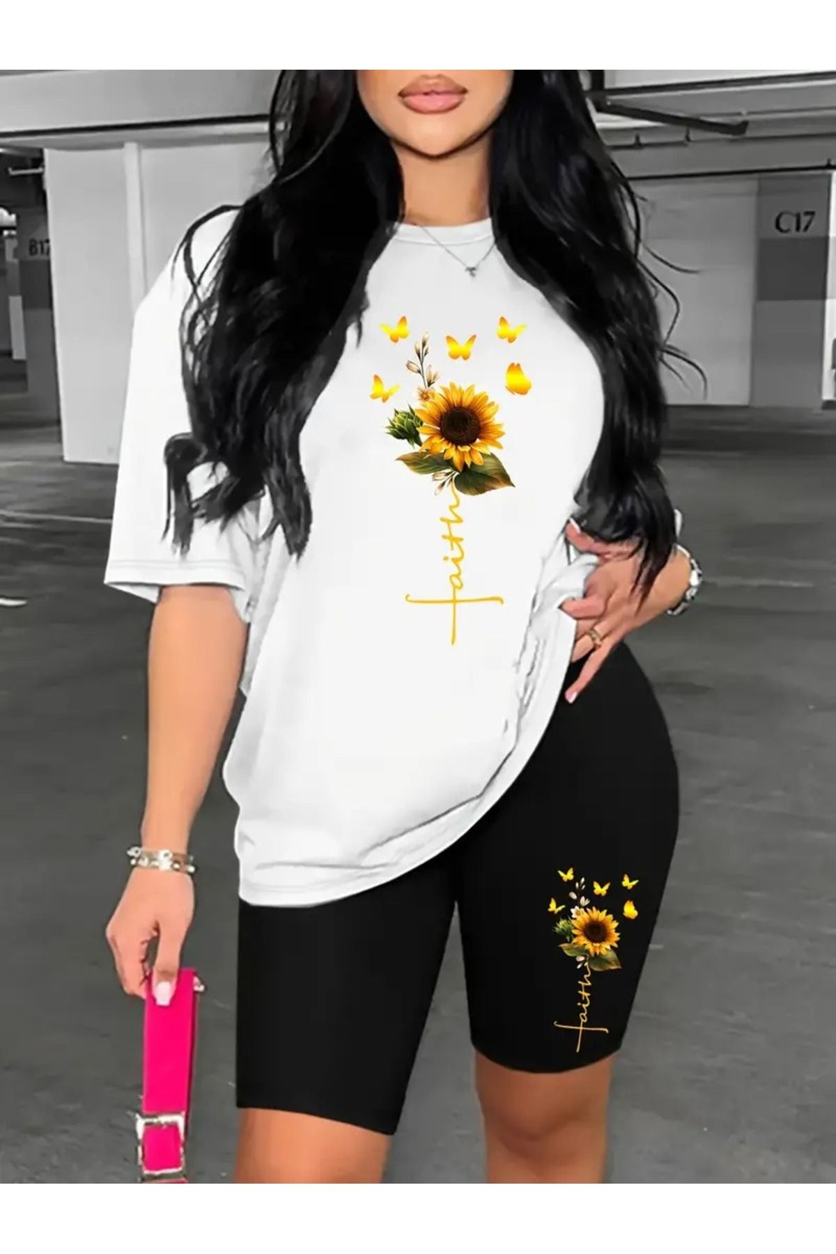 WOODROFFE Kadın Ayçiçeği Baskılı Penye T-shirt, Dalgıç kumaş Tayt Takım Kombin (Tayt Tişört Takım)