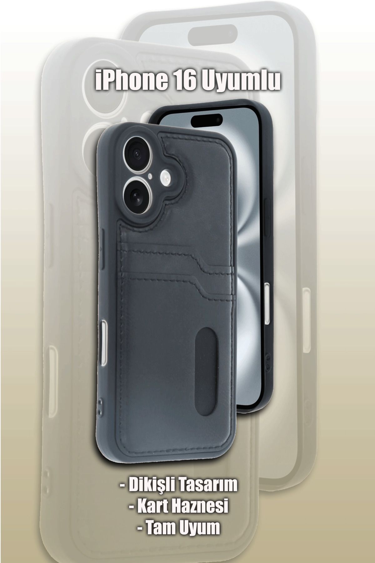 mobrika iPhone 16 Sara Kartvizitli Deri Detaylı Telefon Kılıfı