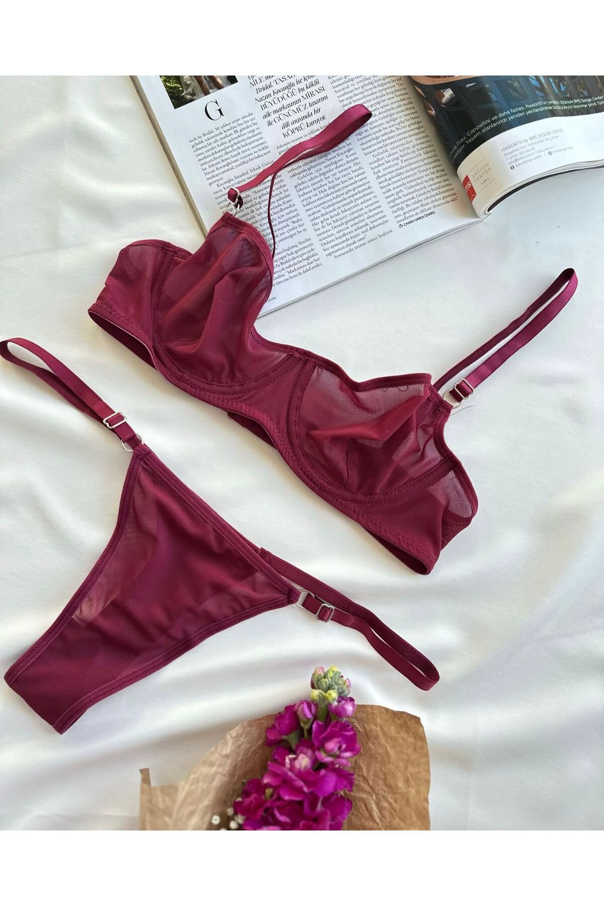HAMA LOVE Kadın Bordo Tül İç Çamaşır Takımı
