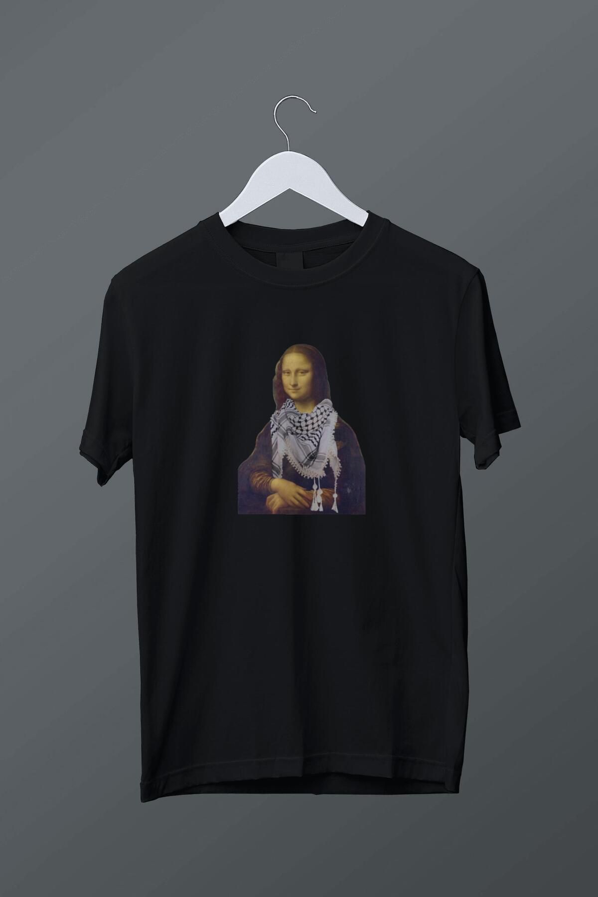 relaxbaskı Kefiyeli Monalisa Baskılı Siyah Tişört