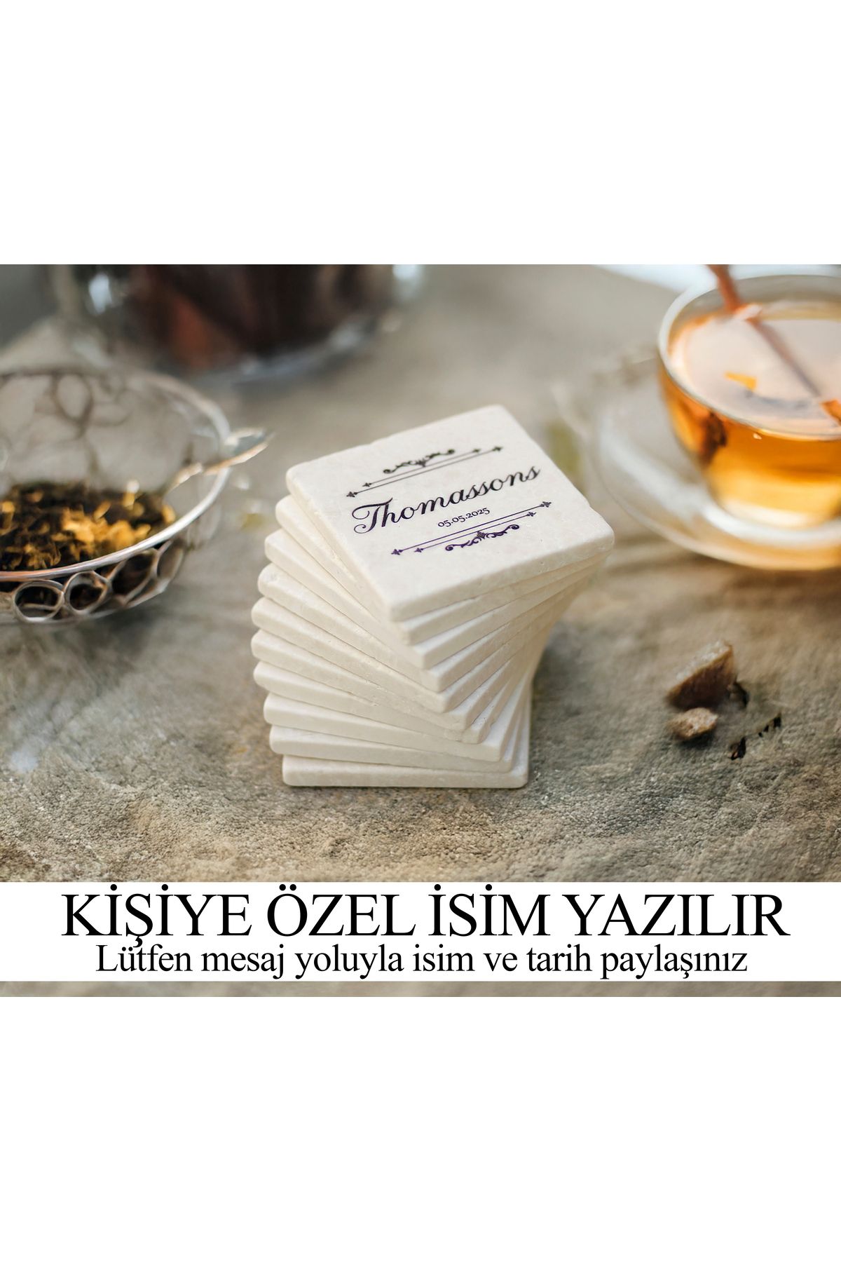 marbelix Kişiselleştirilen 6'lı Set Silva Bej Mermer Bardak Altlığı #4 - 10cm - Mesajla İsim Tarih Belirtin