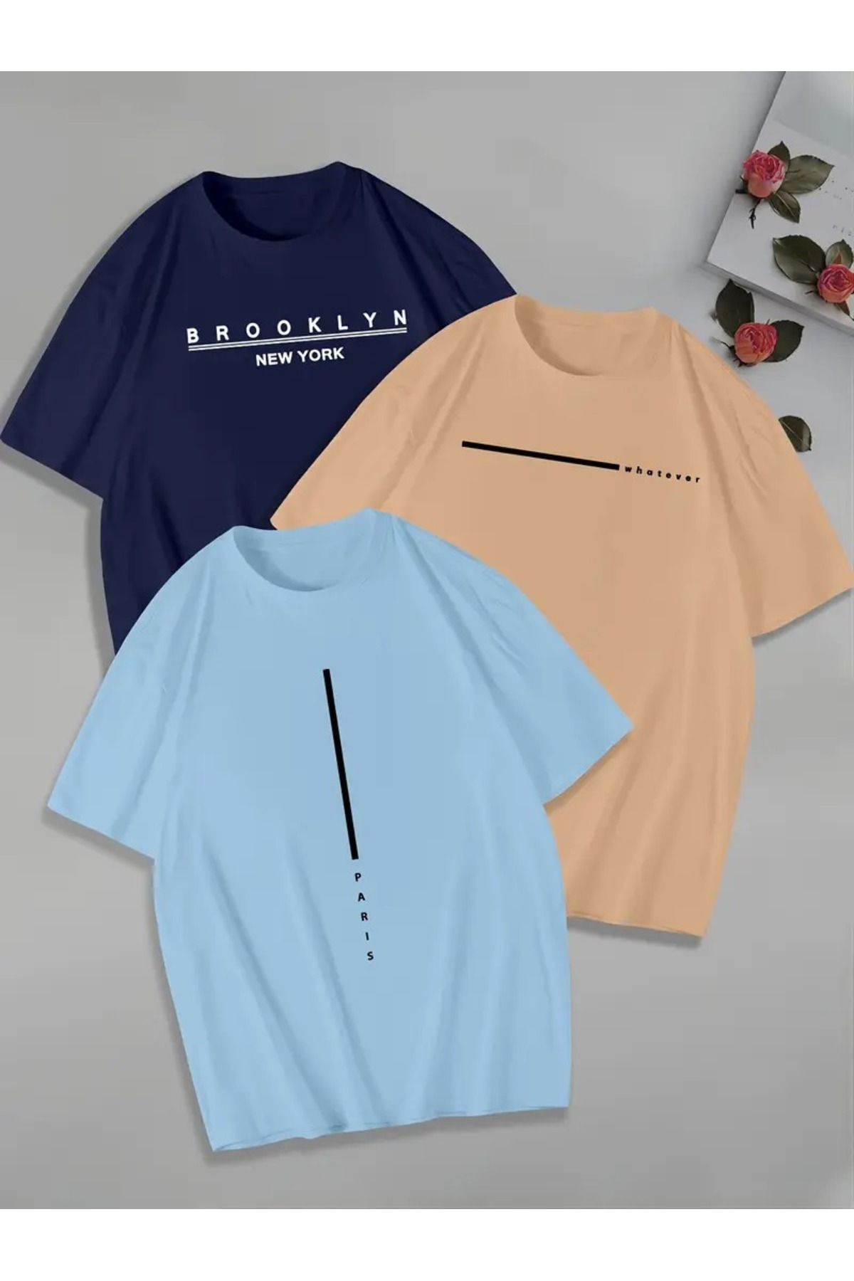 PAVRO Unisex Tshrt Pavro rahat kesim 3 lü karışık baskılı renkli çoklu renkli kaliteli tshrt