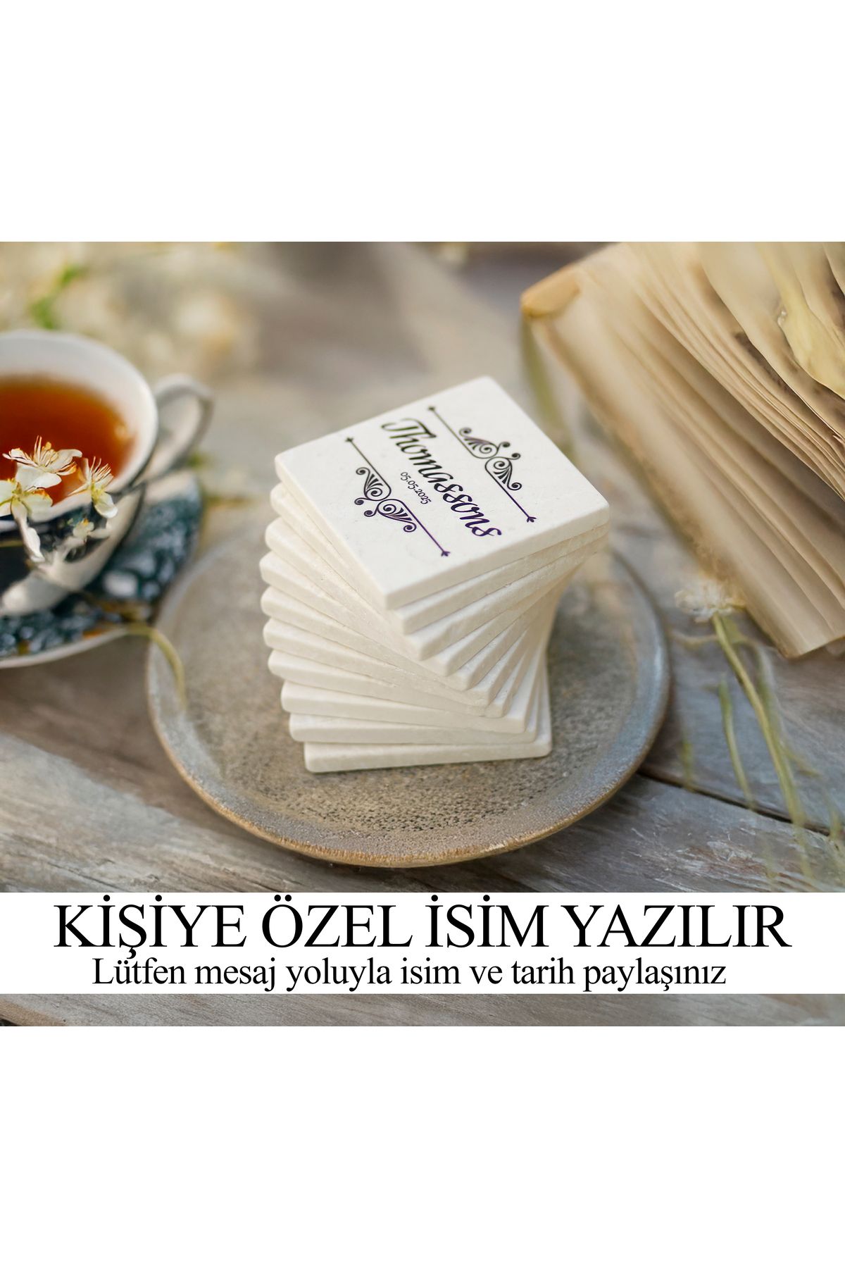 marbelix Kişiselleştirilen 6'lı Set Silva Bej Mermer Bardak Altlığı #3 - 10cm - Mesajla İsim Tarih Belirtin