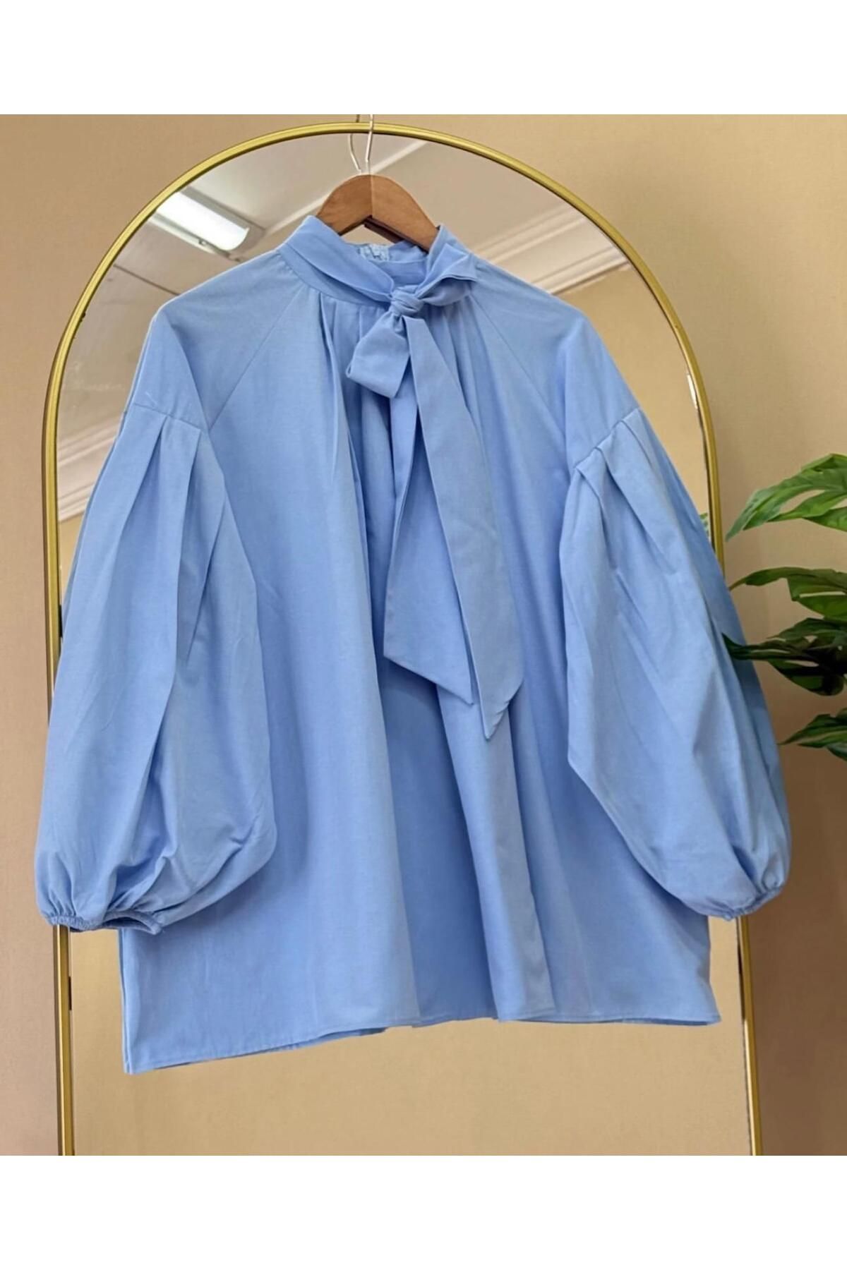 cies boutique yaka bağlama detaylı balon kol oversize gömlek