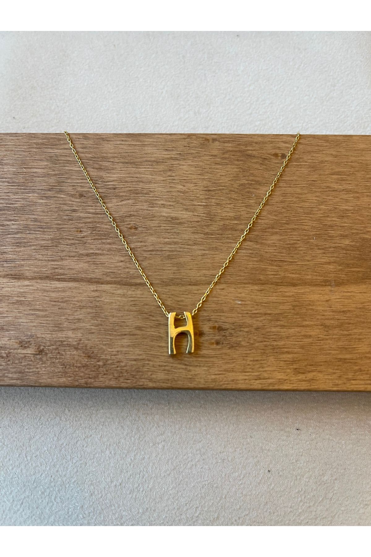 Rupen Kraft 925 Ayar Gümüş Gold Renk H Harfi Kolye Harfli Kolye