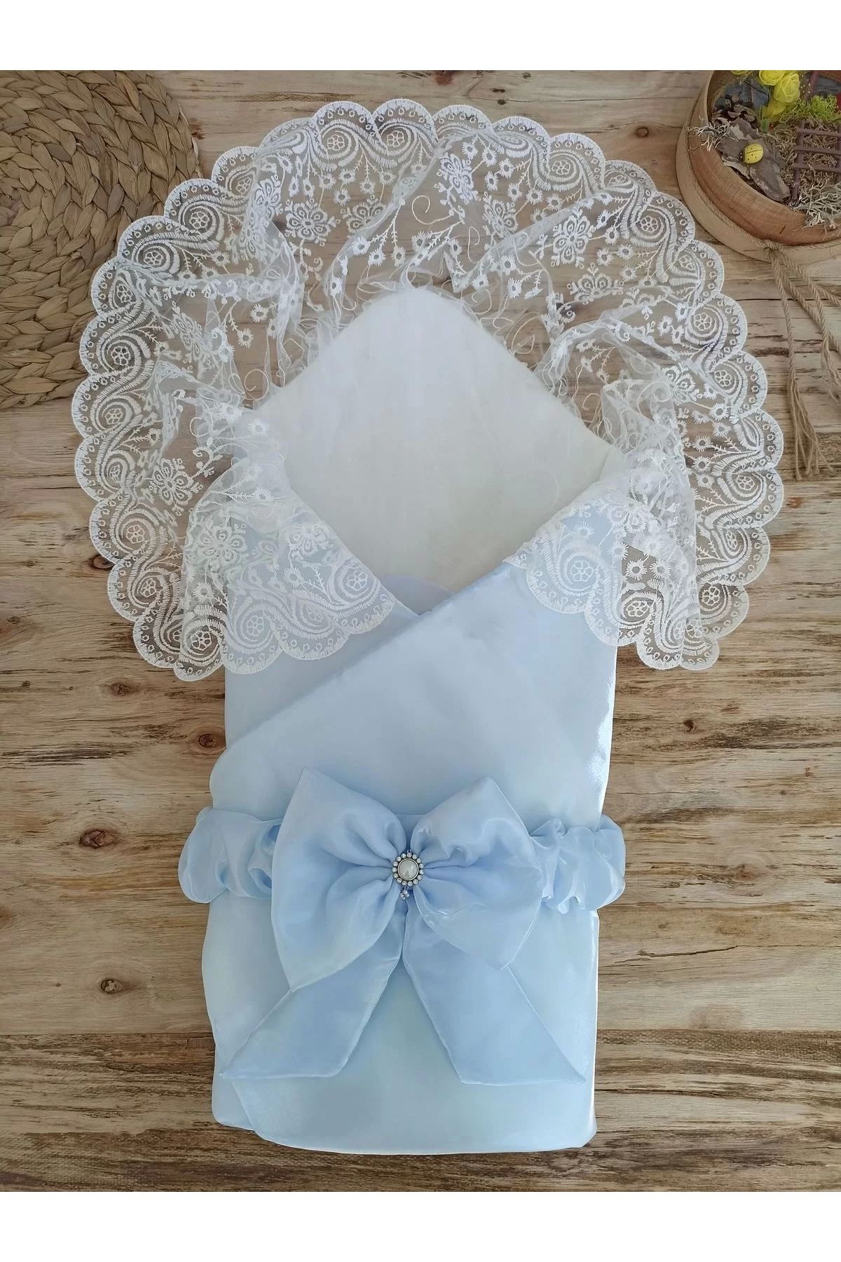 luz&pos Yenidoğan Kumru İnci Fiyonk Kristal Parlak Duvaklı Kundak Bebek Battaniyesi Mavi