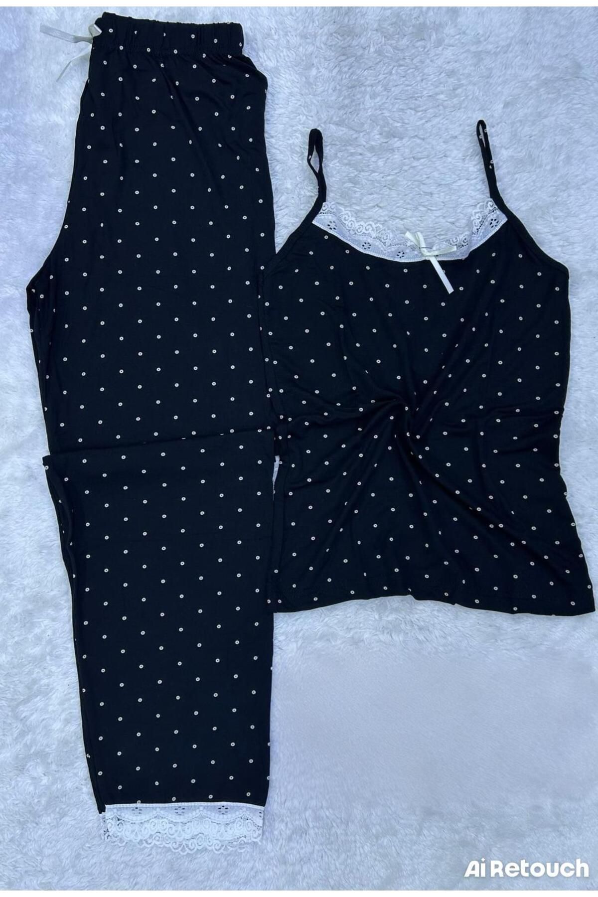 XORVİO Kadın Pamuk İp Askılı Gecelik Pijama Takım Dantel Detaylı Şık Desen Cotton Yazlık Yumuşacık Pamuk