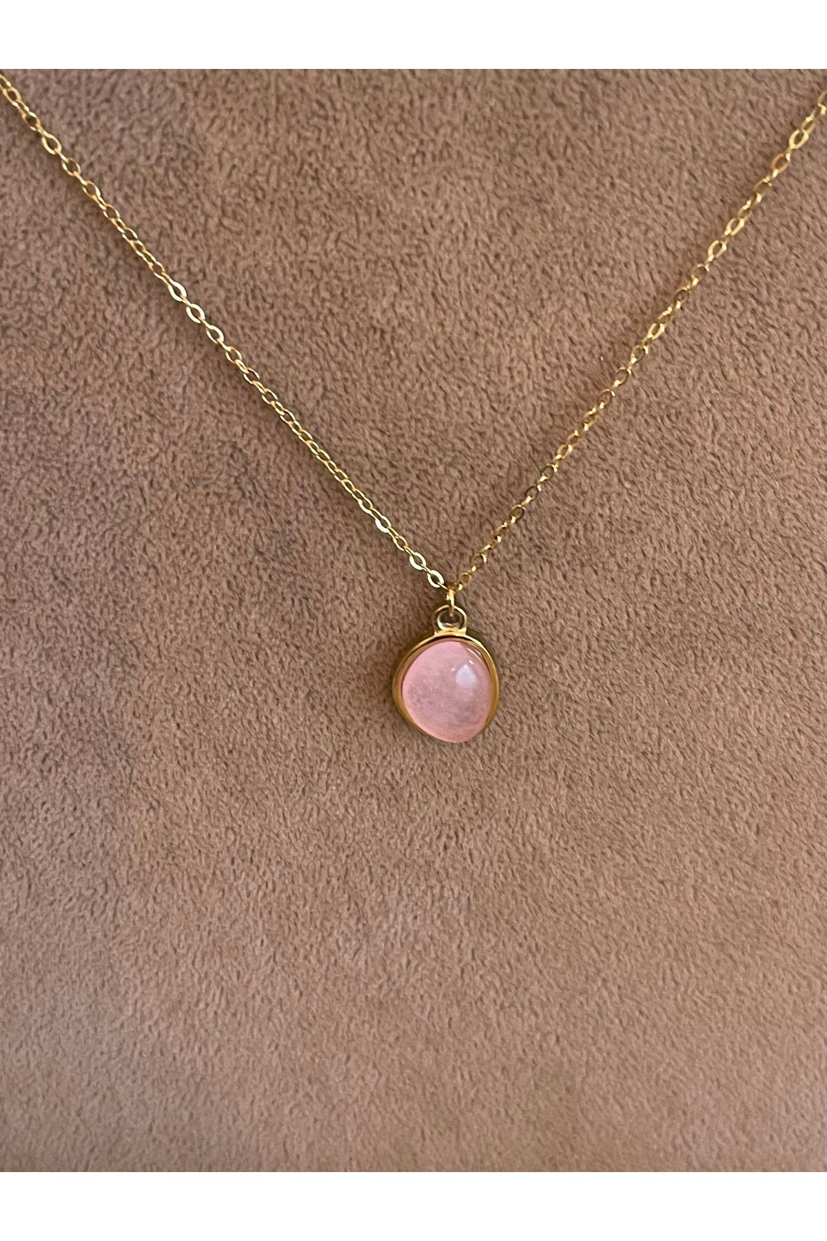 Rupen Kraft 316 L Cerrahi Çelik Pembe Kuvars Taşlı Çelik Gold Kolye