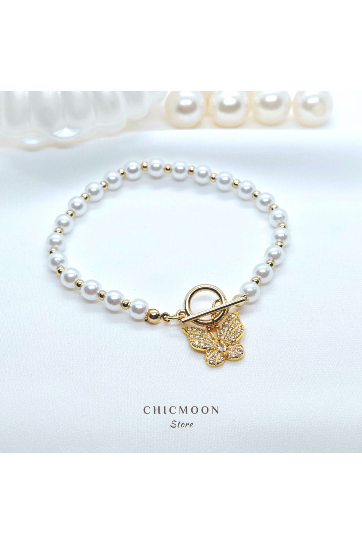 CHICMOON STORE Çelik Altın Rengi İncili Kelebek Bileklik