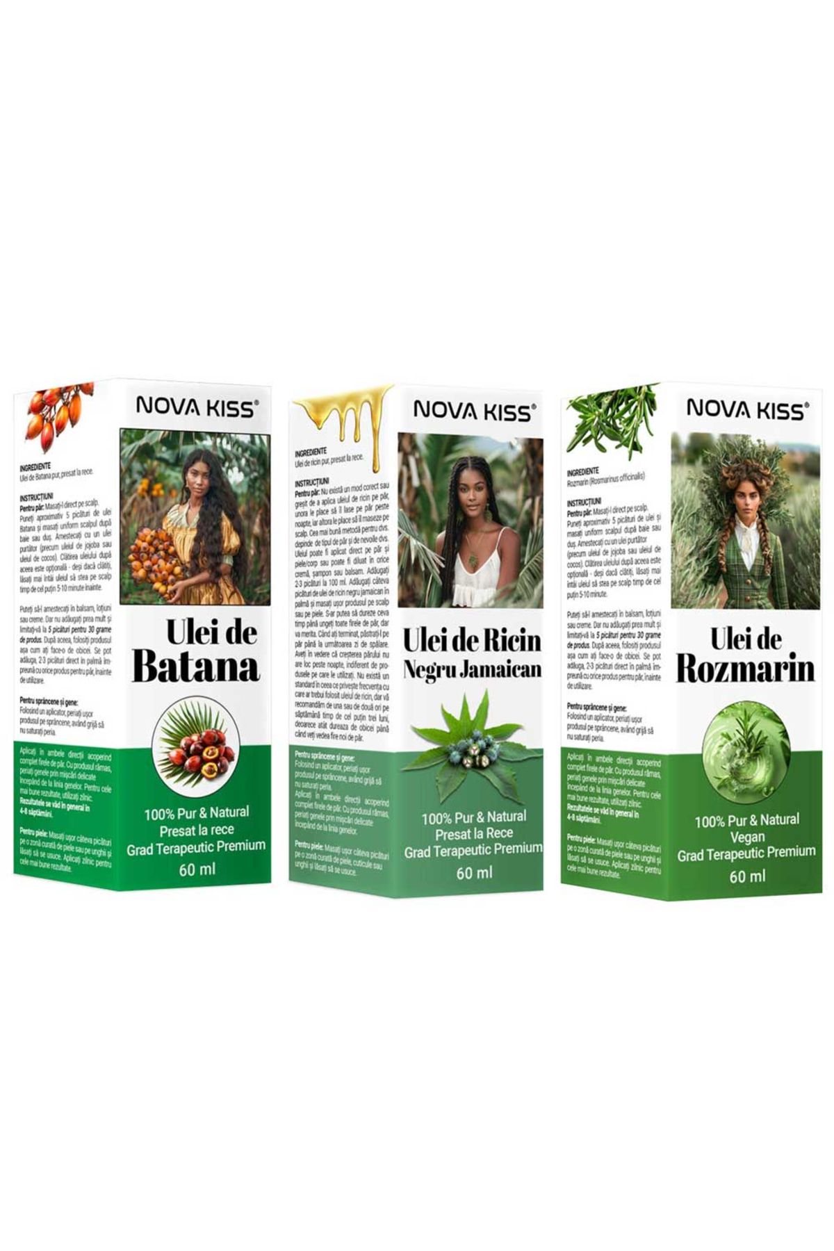 NOVA KISS Batana, Set Cu Rozmarin Și Ulei De Ricin, 100% Natural, Premium Pentru Creșterea Părului, 3 X 60 Ml - One Size