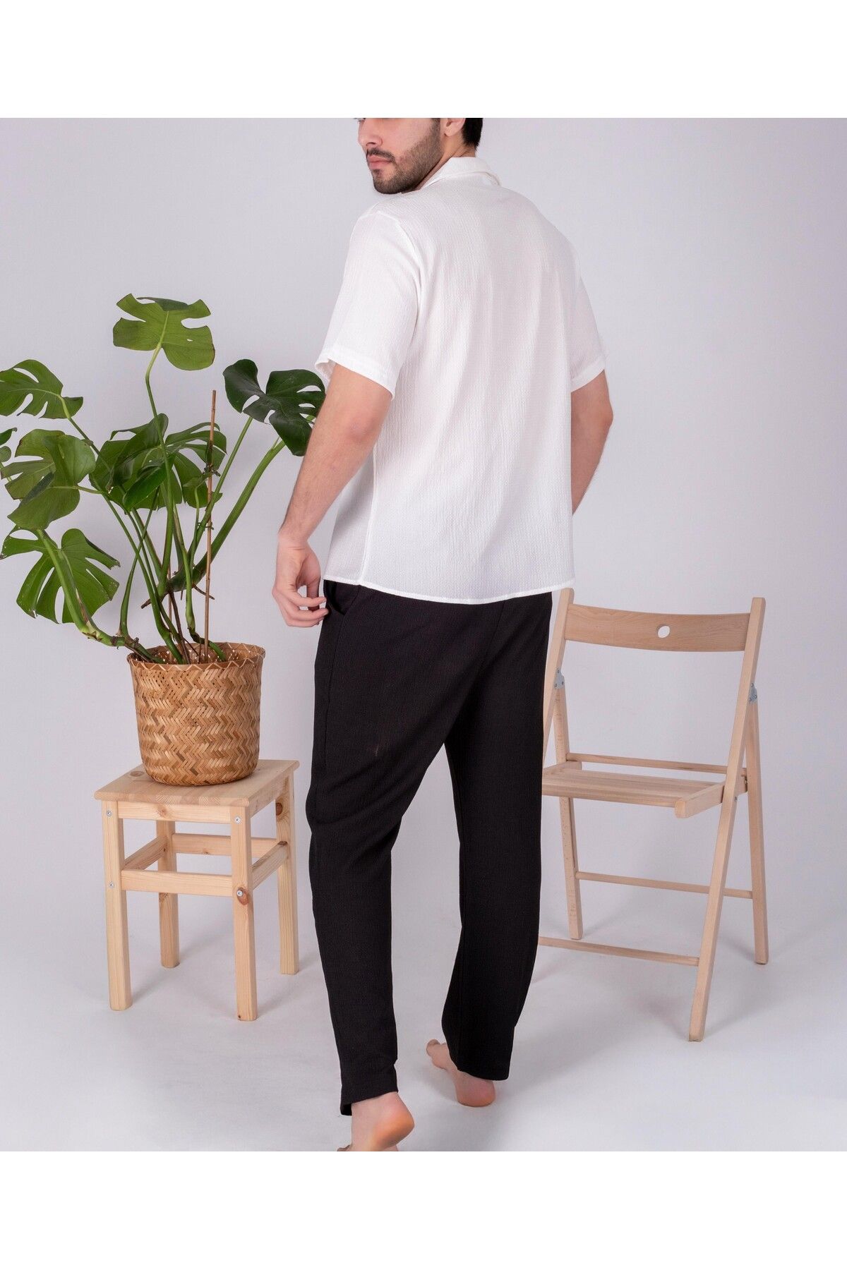 JAMPY Erkek Keten Gömlek Takım Özel Üretim Ferah Oversize Bürümcük Kumaş Alt Üst Gömlek Jogger Takım