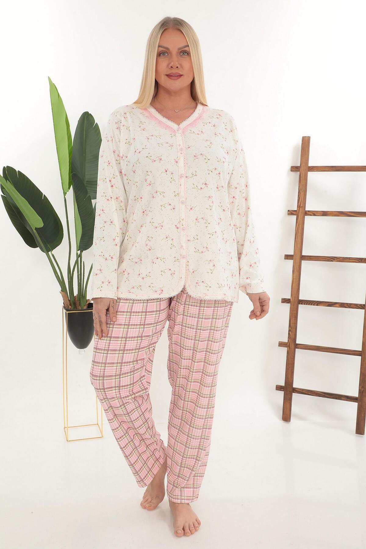 Etoile-Cotton Front Buttoned Large Size Women's Pajama Set 1