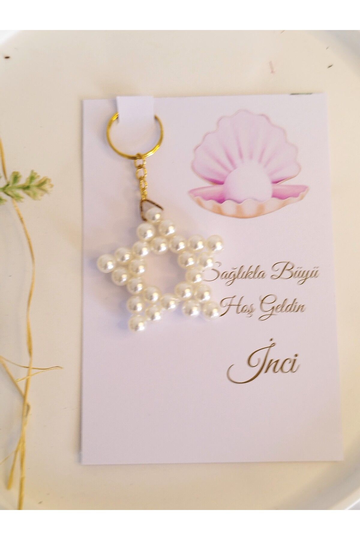 LADYBİRDTASARIM Kişiye özel kartlı ve jelatinli inci yıldız anahtarlık