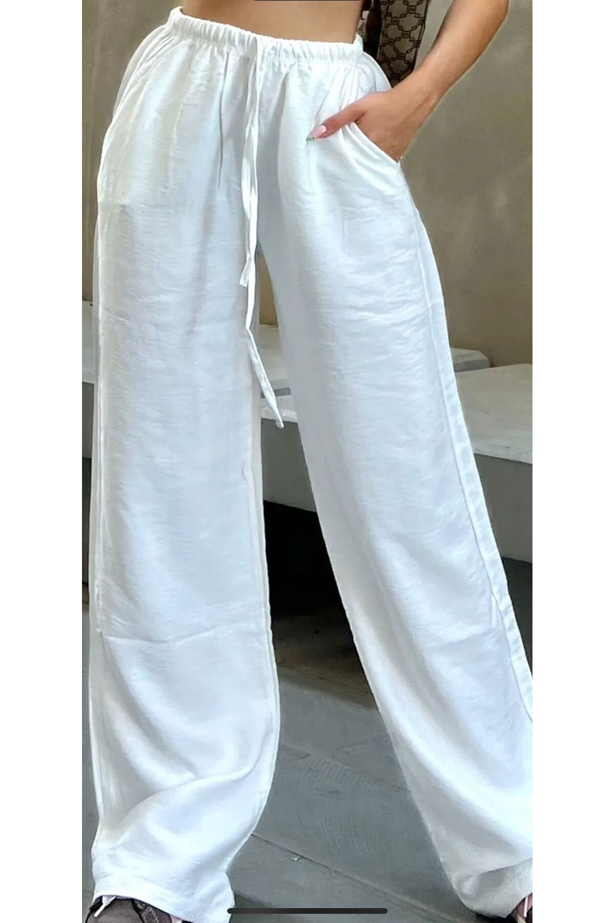 Butic BEYAZ BELİ BAĞCIKLI KETEN PANTOLON