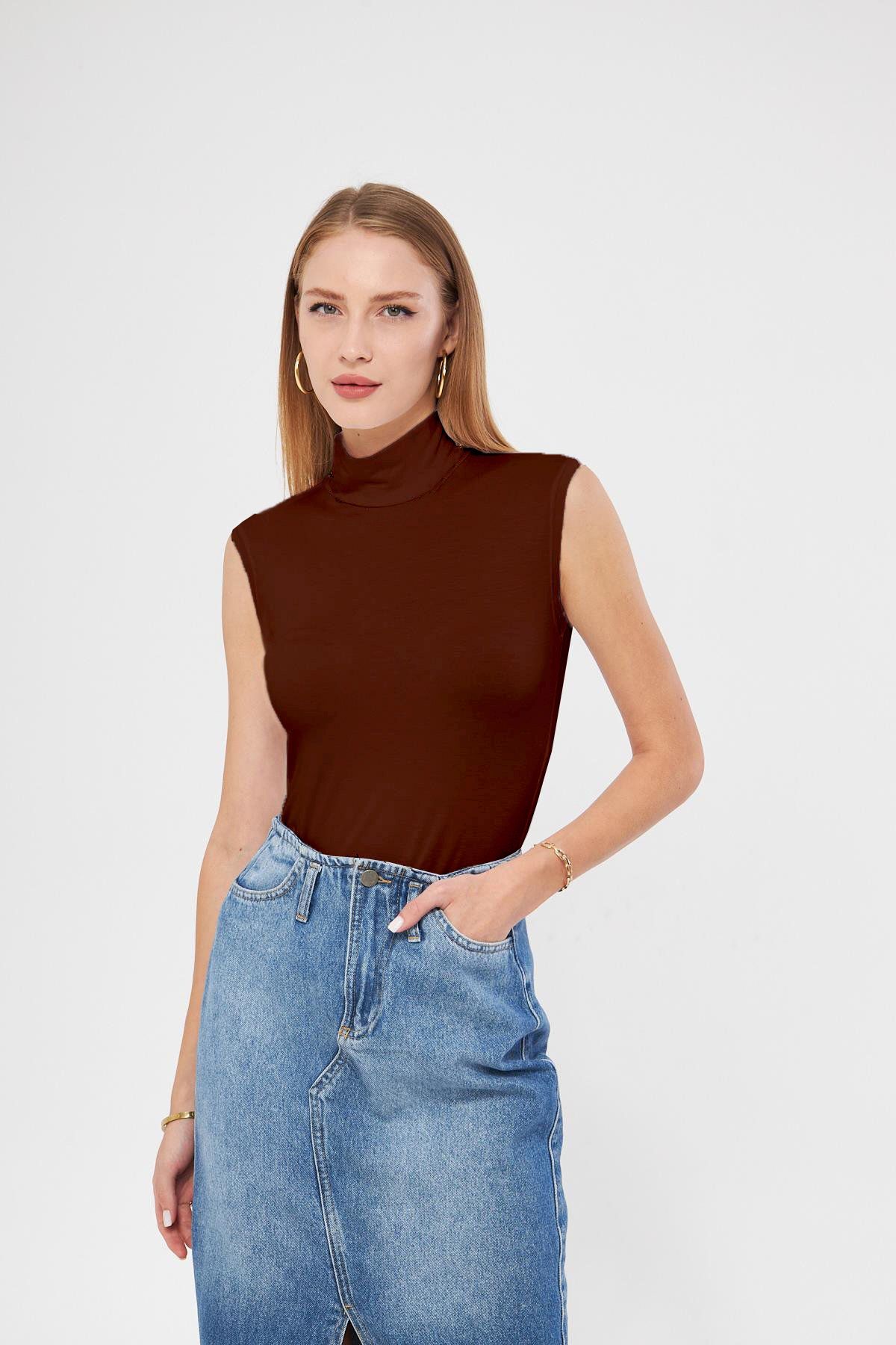 studio fashion 1988 Kadın Siyah Balıkçı Yaka Sıfır Kol Premium Kumaş Viskon Likralı Body