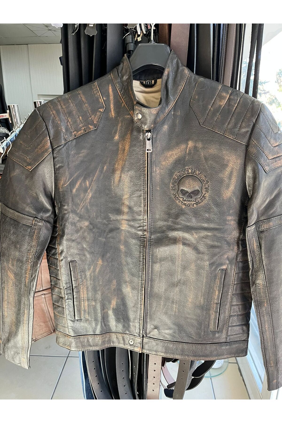 NYC GİYİM TEKSTİL Vintage Tarz Hakiki Deri Motosiklet Montlar, Koyun Derisi, Eskitme Tasarım, Orta Kalınlık