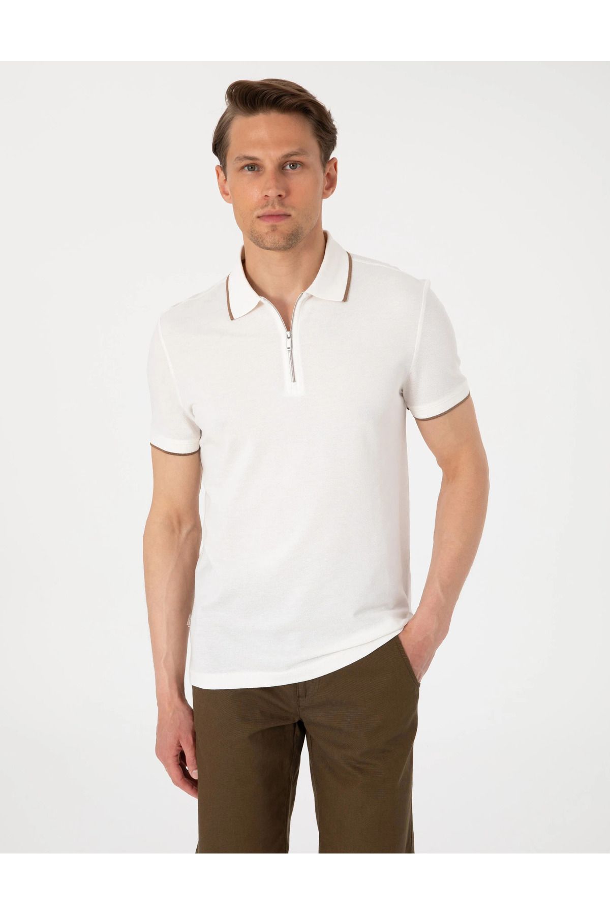 Pierre Cardin Ekru Slim Fit Polo Yaka T-Shirt