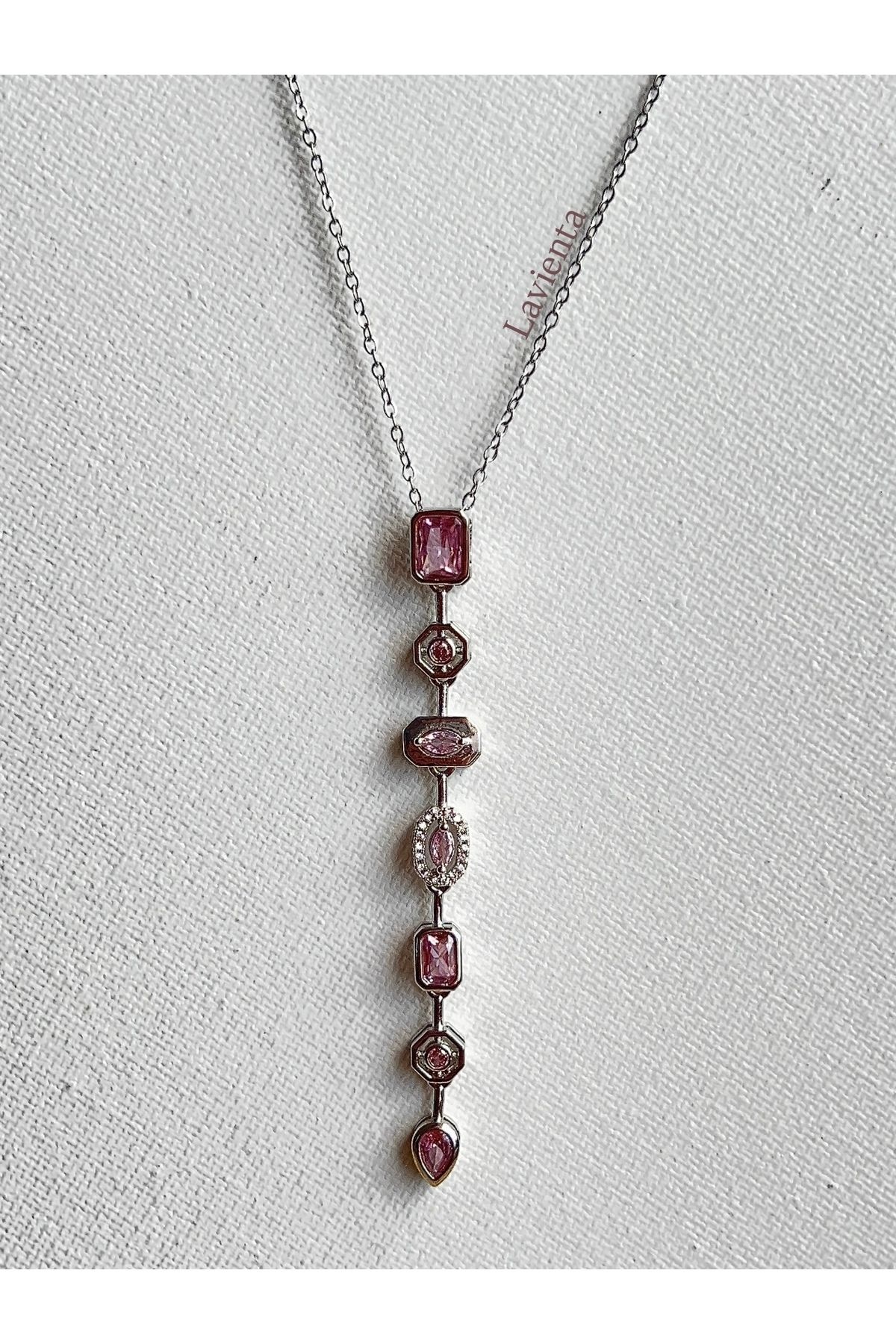 Lavienta Gümüş & Gold Pembe Zirkon Taşlı Çelik Y Kolye