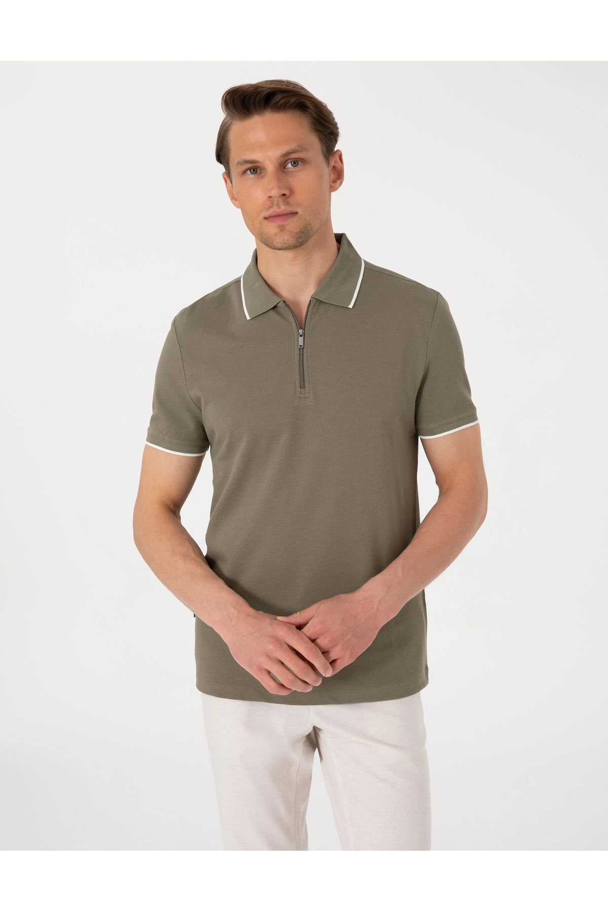 Pierre Cardin Haki Slim Fit Polo Yaka T-Shirt