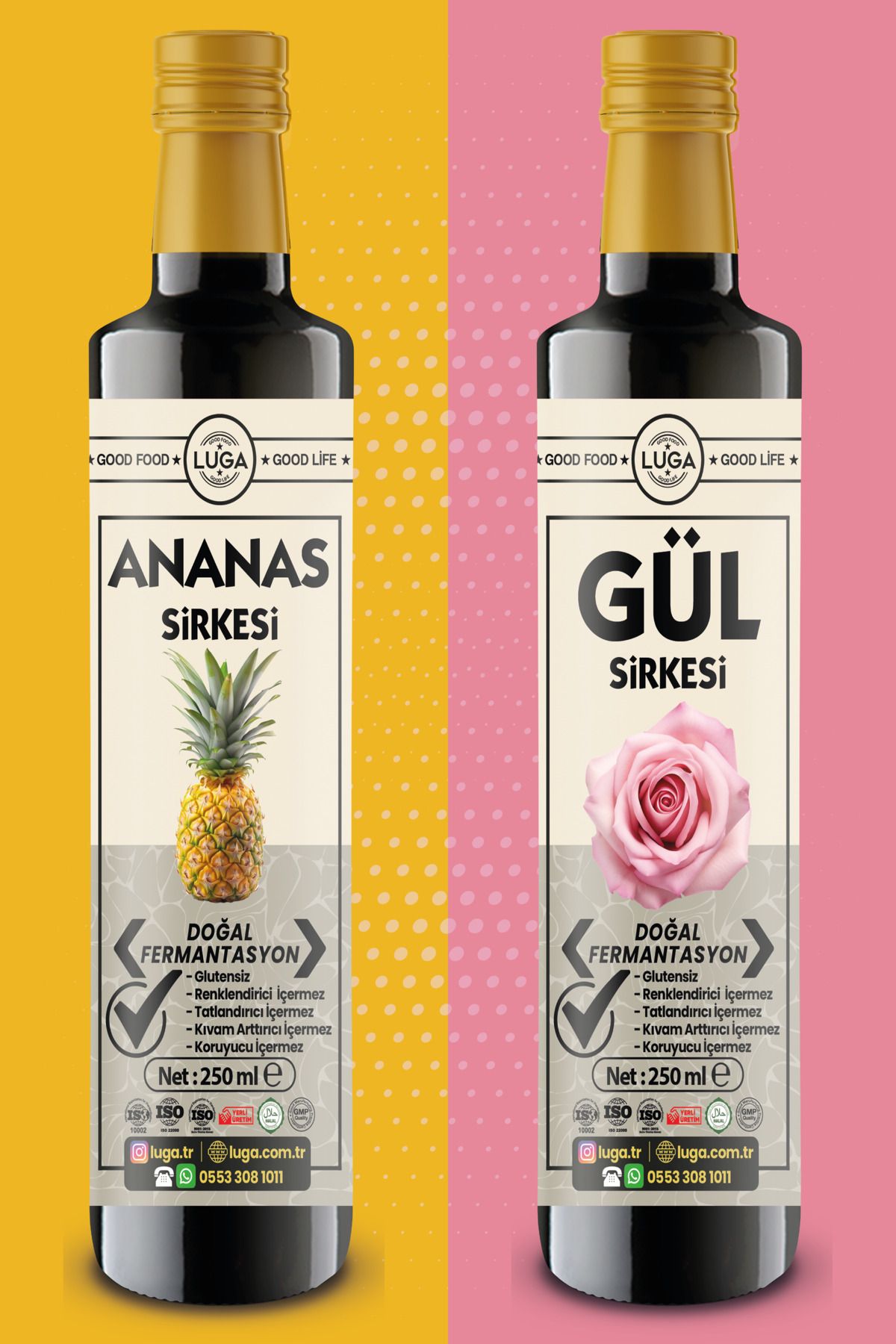 Luga Ananas Sirkesi 250 ml + Gül Sirkesi 250 ml - 2 li Set Doğal Fermantasyon, Katkısız, Glutensiz,