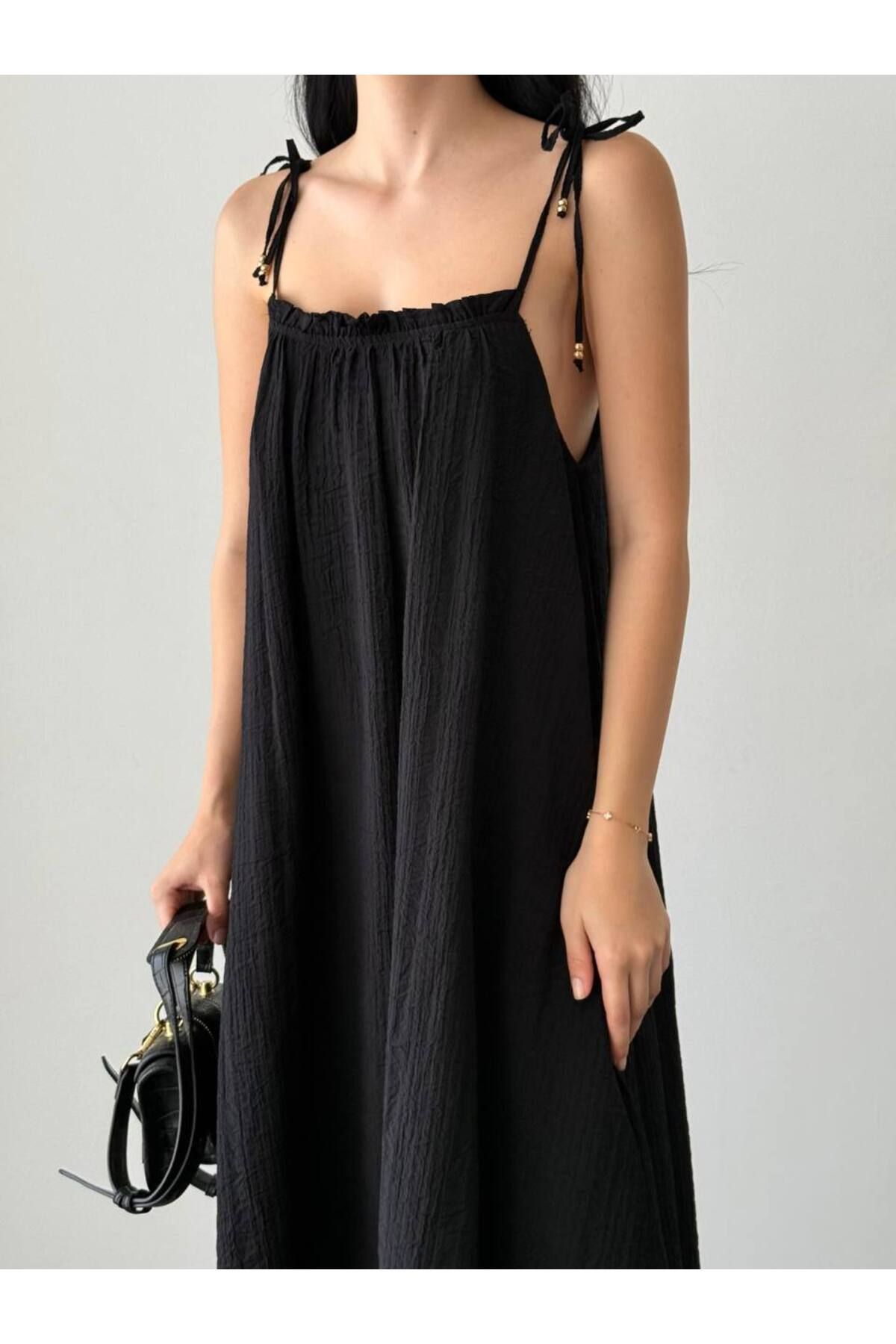 disponible Oversize Kadın Askılı Müslin Uzun Elbise