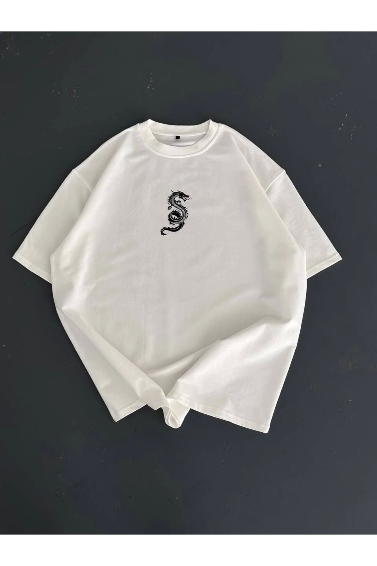 MODA Baskılı Oversize Bisiklet Yaka T-shirt - Beyaz