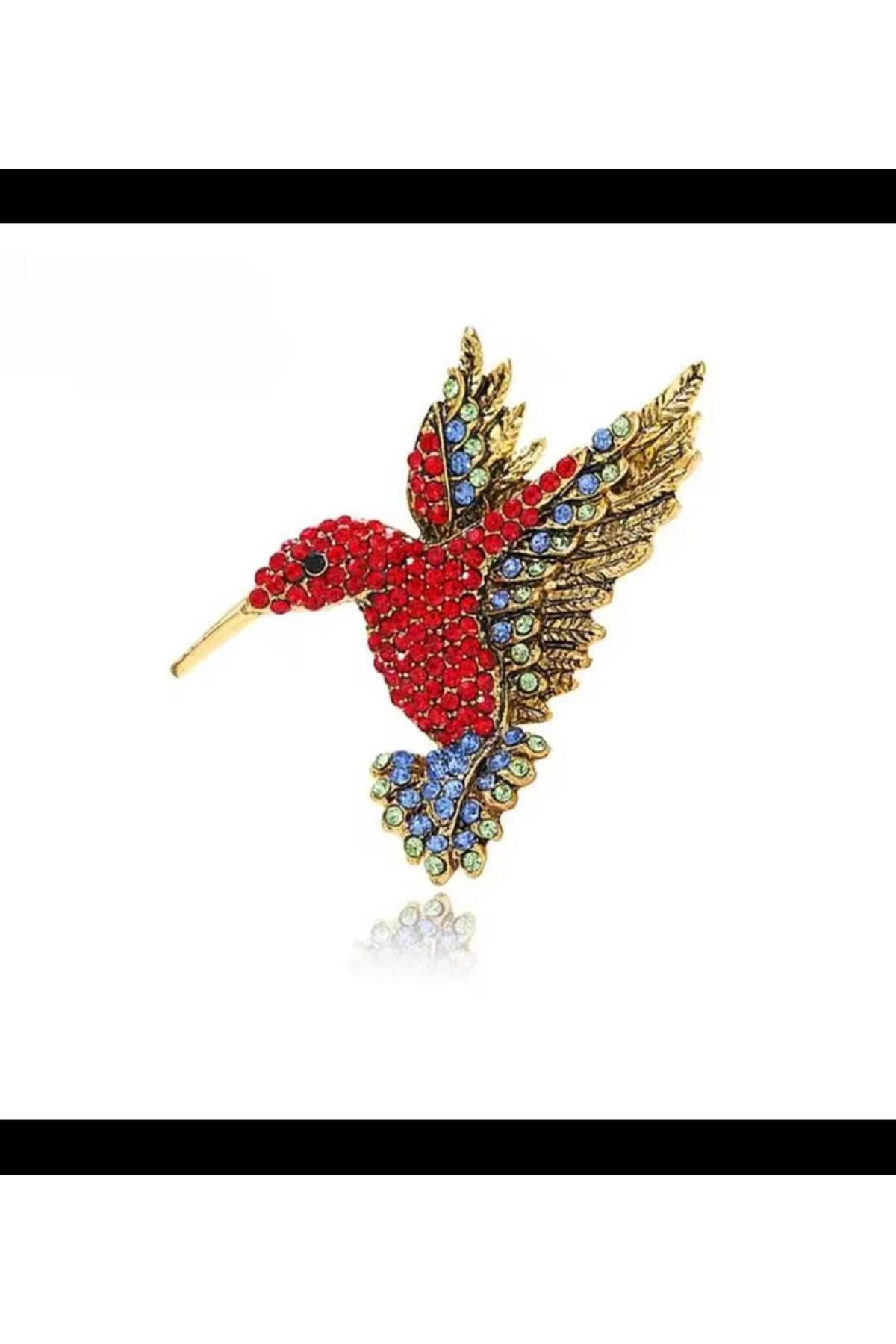 ESJ Kristal Taş Sinek Kuşu Kırmızı Taş Kadın Broş 84 Ebat: 4,5*5,5 Cm