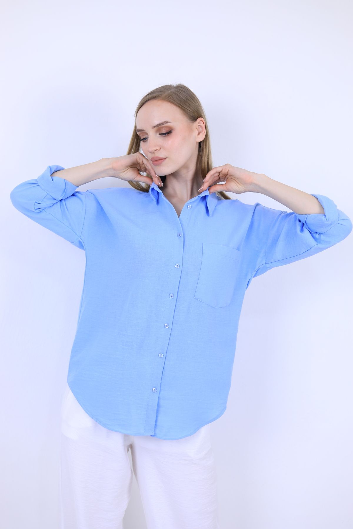 modaparis outlet Tek Cepli Oversize Keten Gömlek Mavi