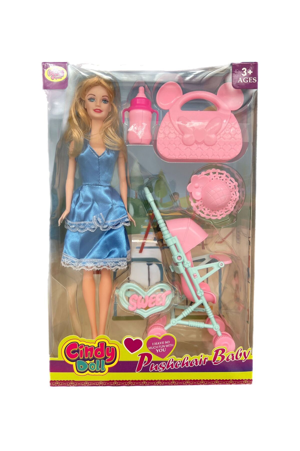 alpmodel Bebek Arabalı Çantalı Aksesuarlı Cindy Bebek 30 Cm