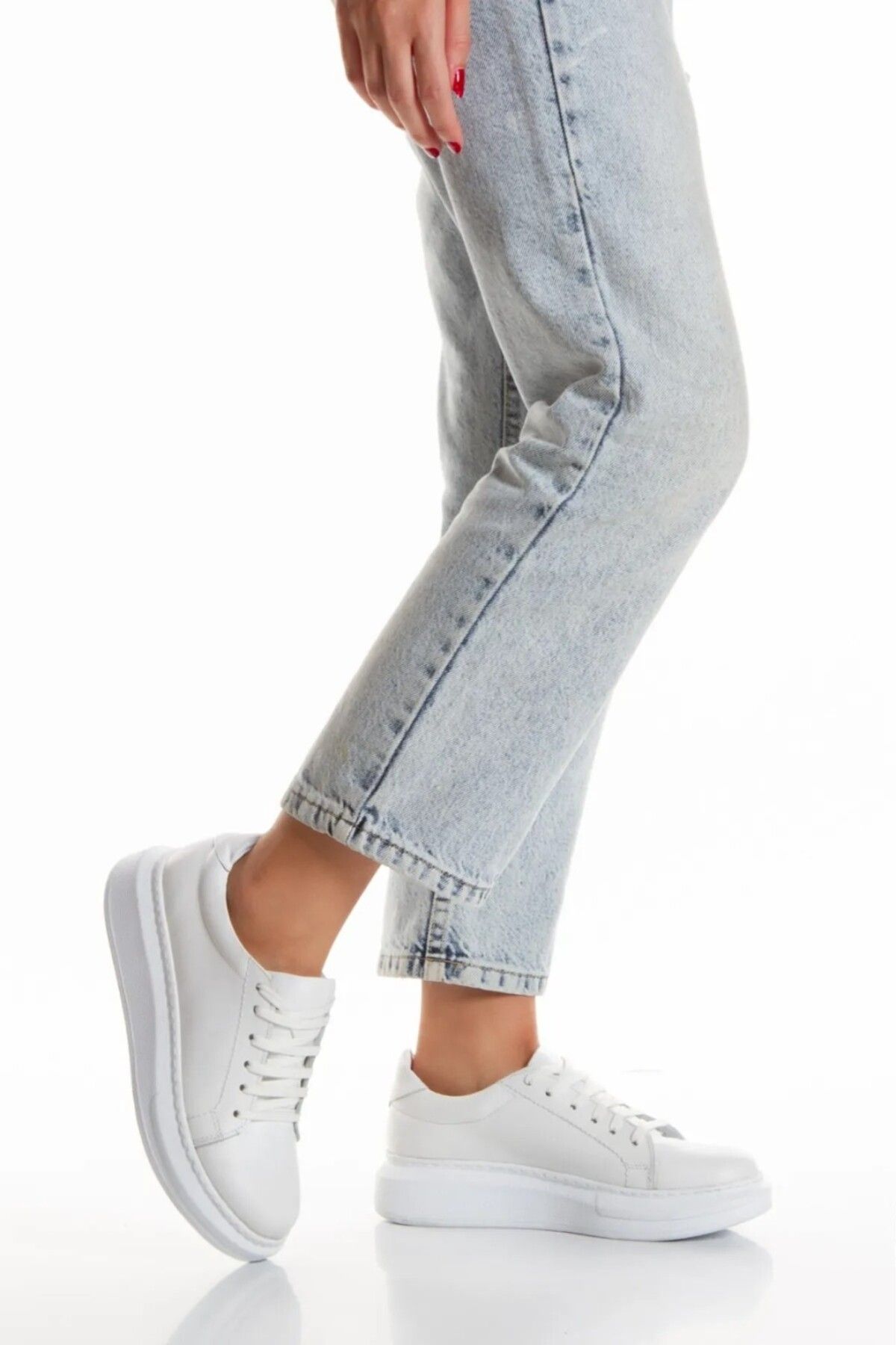 elvinshoes Marie Hakiki Deri Kadın Beyaz Bağıcıklı Sneaker