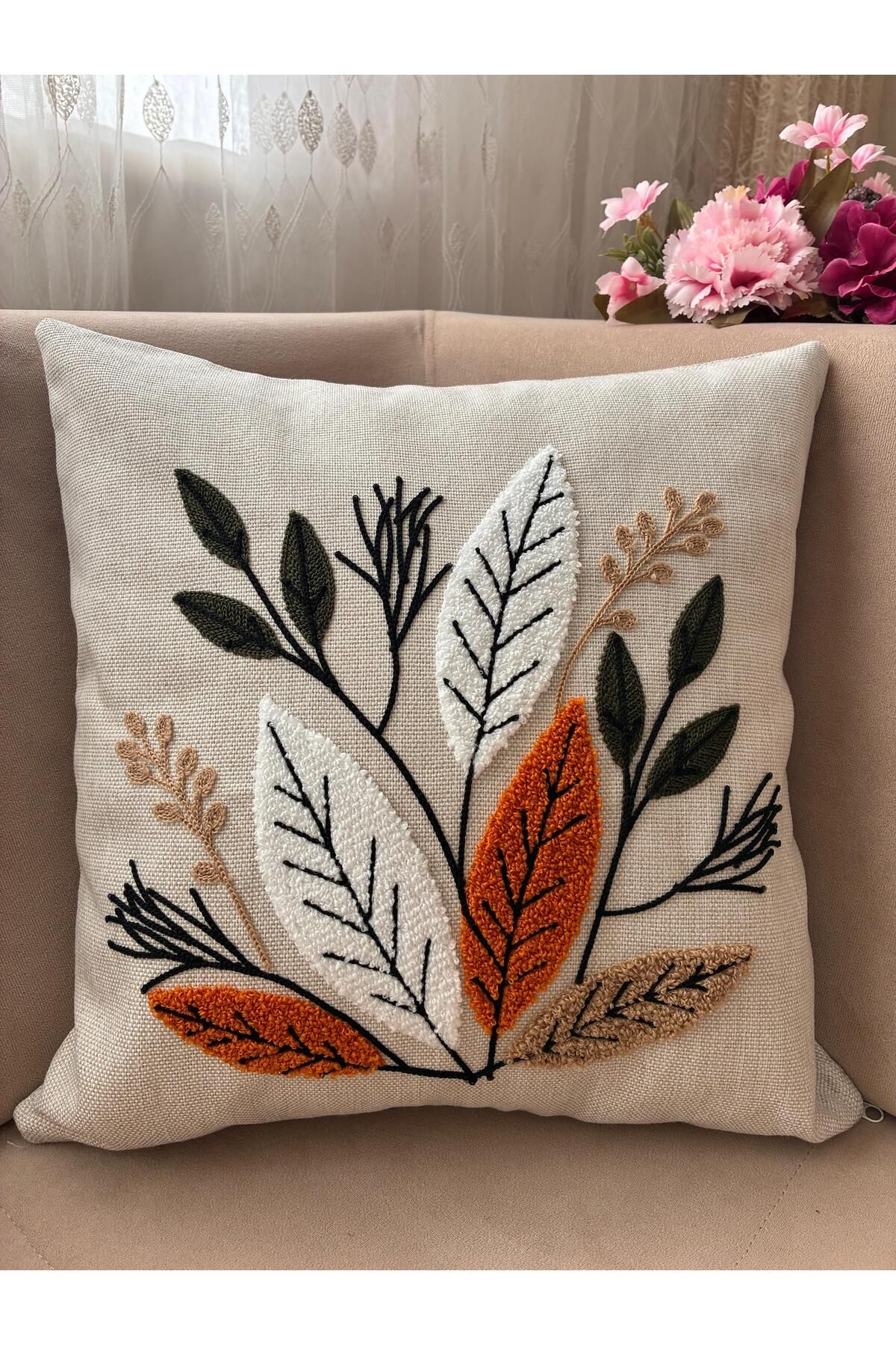 Mustgross Bohem Punch Nakışlı Keten Kırlent Kılıfı 1 Adet - 43x43 Cm