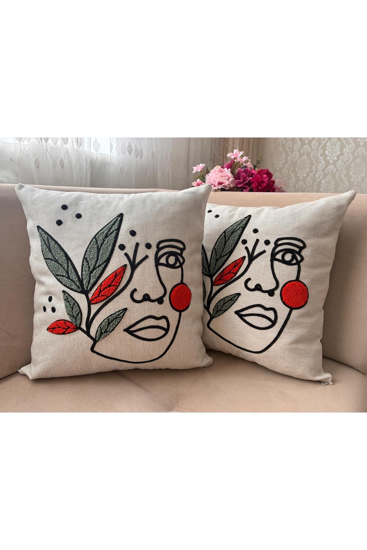 Mustgross Bohem Punch Nakışlı Keten Kırlent Kılıfı 2'li Set - 43x43 Cm