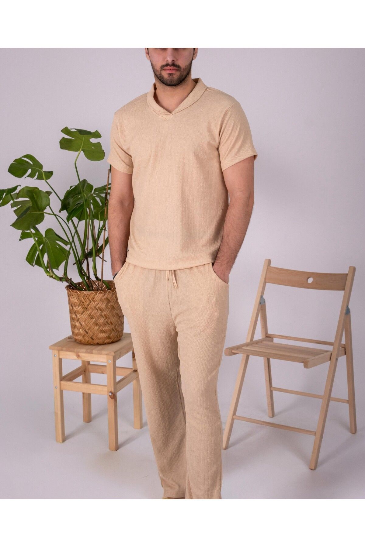 JAMPY Erkek Keten Gömlek Takım Özel Üretim Ferah Oversize Bürümcük Kumaş Alt Üst Gömlek Jogger Takım