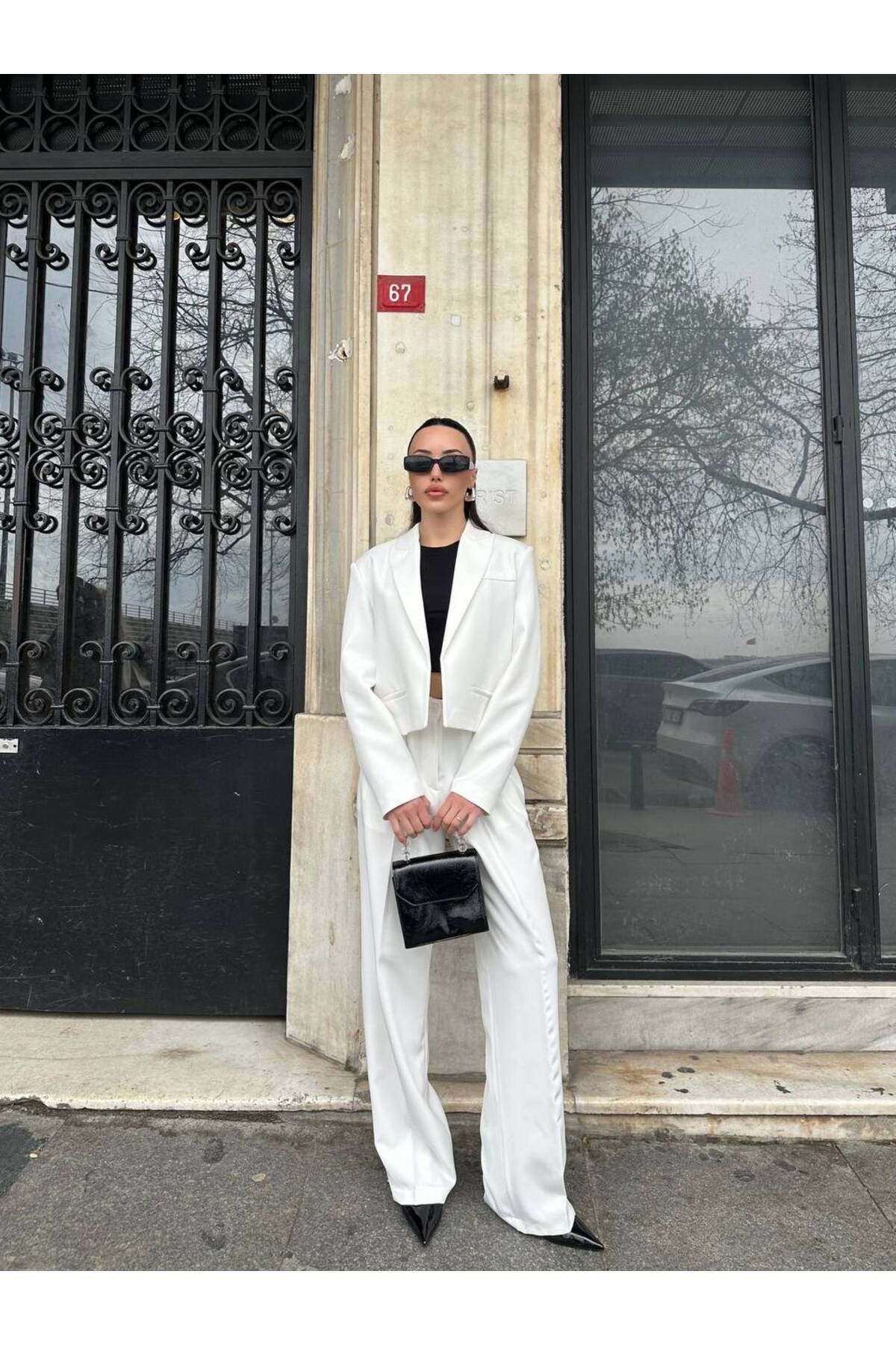 MODAGK Kadın Ikili Tasarım Kısa Blazer Ceket Pantolon Takım