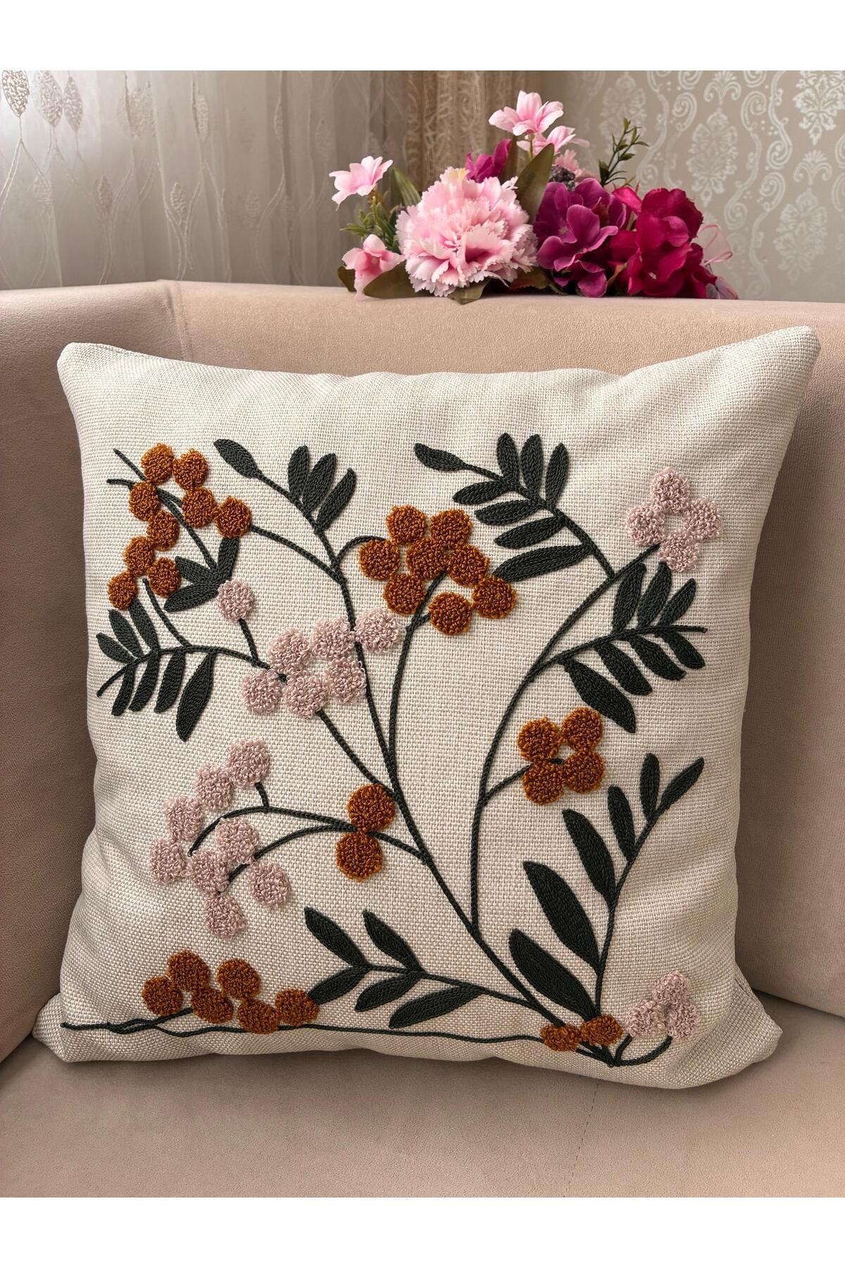 Mustgross Bohem Punch Nakışlı Keten Kırlent Kılıfı 1 Adet - 43x43 Cm