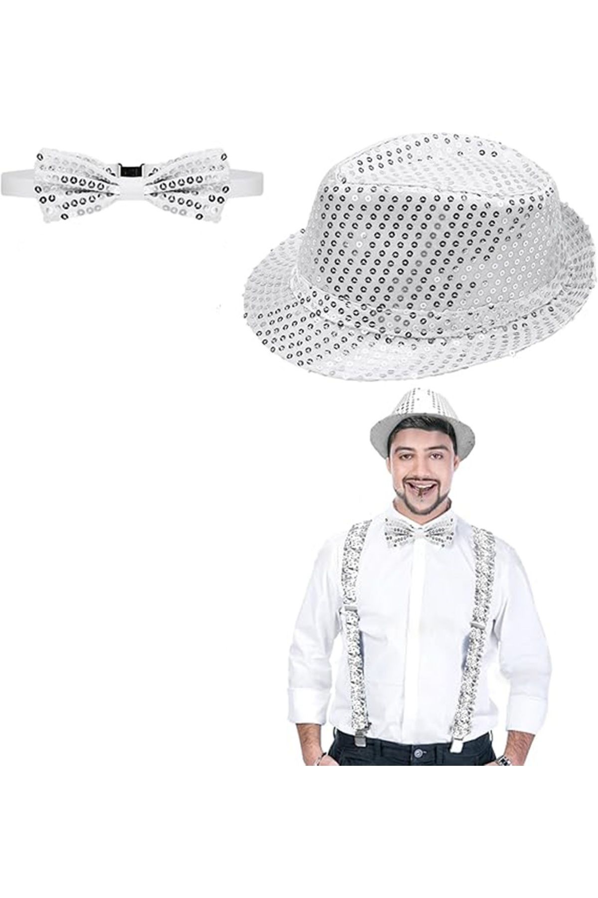 Easy Tedarik Gümüş Payetli Şapka ve Papyon Seti - Parıltılı Yetişkin Kostüm Seti