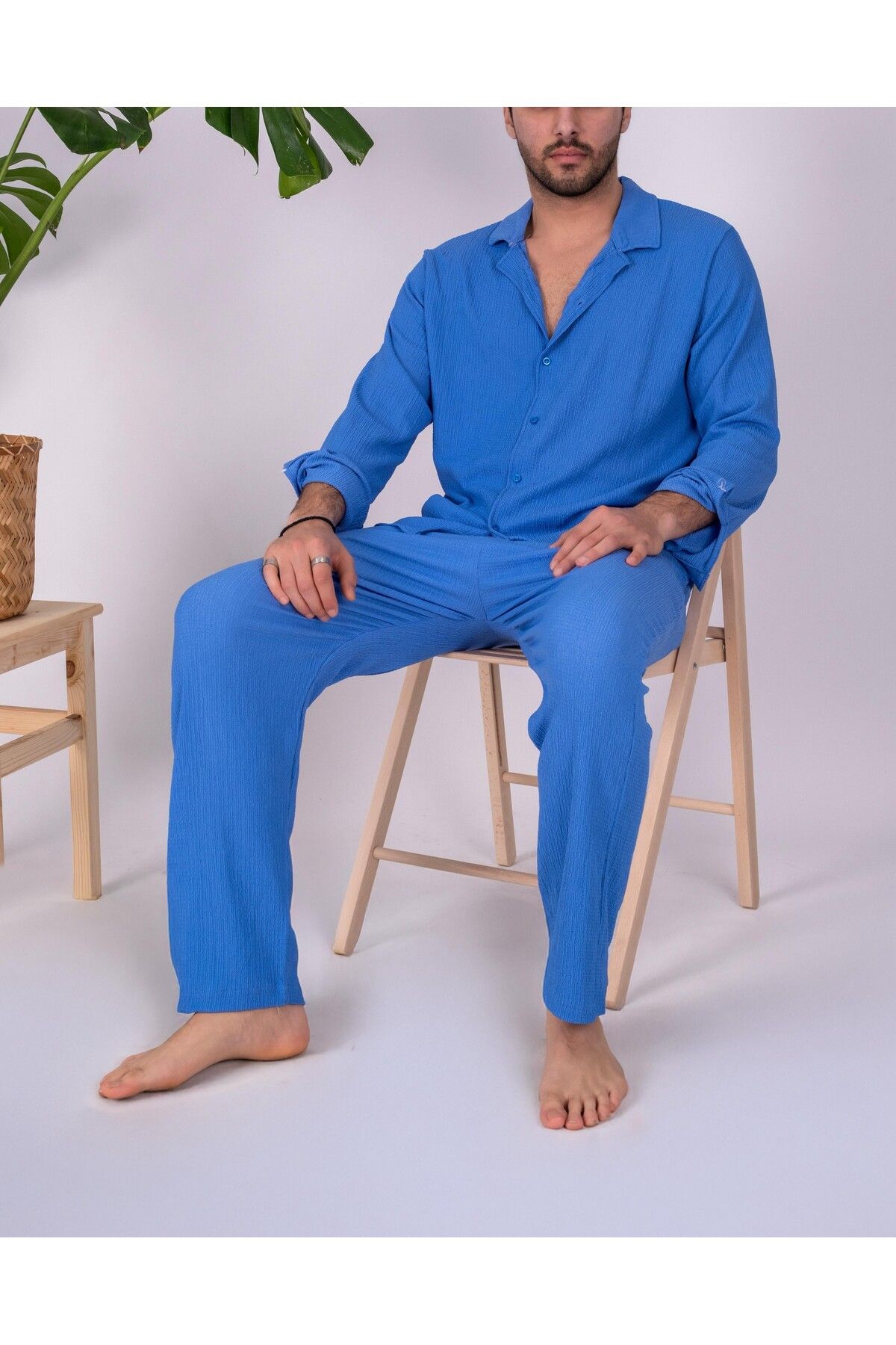 JAMPY Erkek Keten Gömlek Takım Özel Üretim Ferah Oversize Bürümcük Kumaş Alt Üst Gömlek Jogger Takım