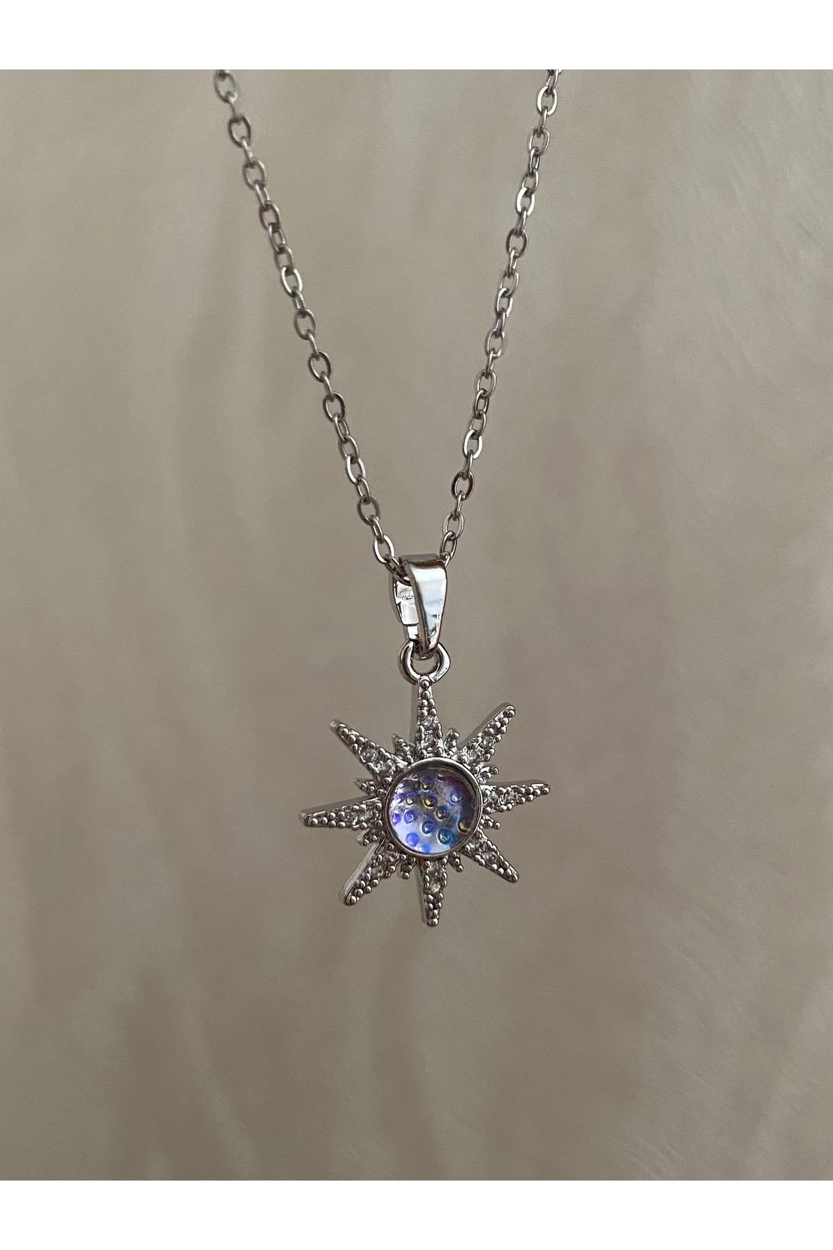 Petek Collection Opal Taşlı Çelik Kutup Yıldızı kolye (silver renk)ma